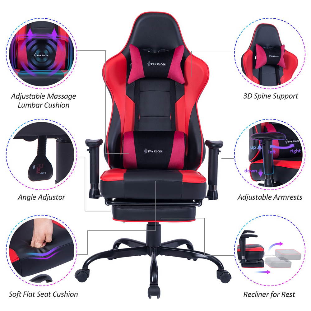 VON RACER Massage Gaming Chair - High Back Racing PC Computer Desk Office Chair Swivel Ergonomic Executive Leather Chair with Footrest and Adjustable Armrests(Grey)