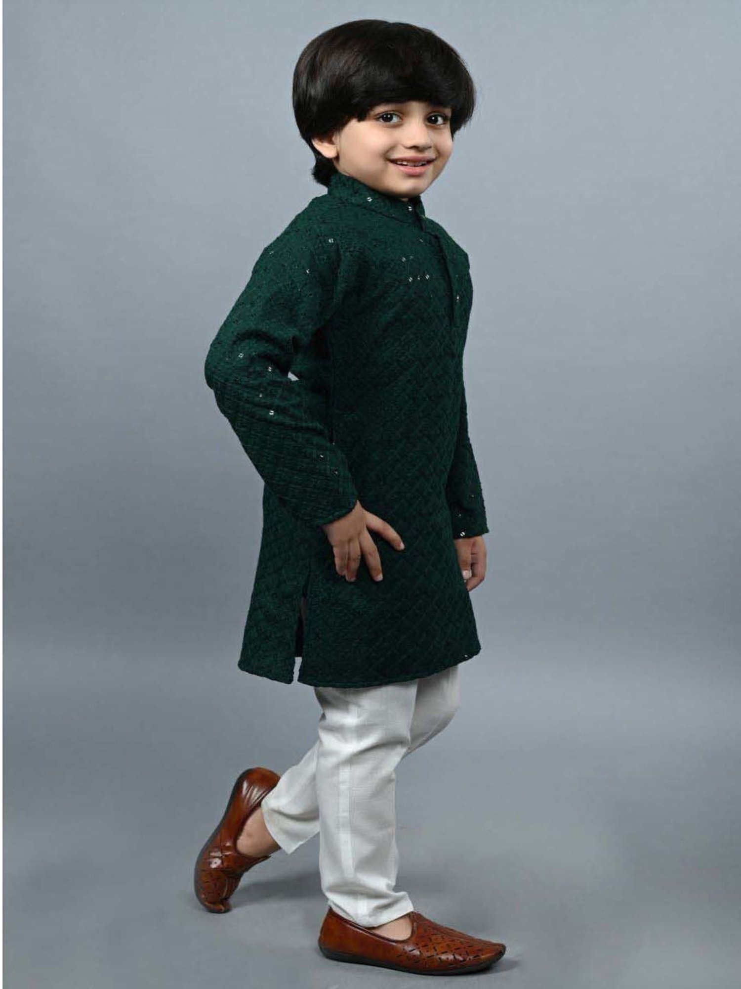 Ahhaaaa Kids Green Cotton Embellished Full Sleeves Kurta Set