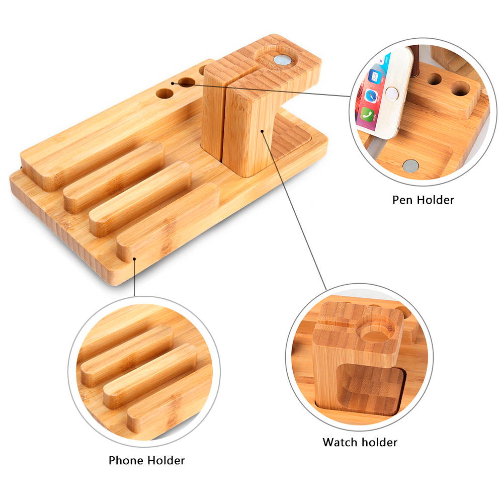 Mignova Multiple Devices Charging Dock Station,Bamboo Wood Stand iPhone Charging Dock with 3 X Phone & Tablet Holders 1 X Watch Holder 3 X Pen Holders for Smartphone,Tablet,Watch,Pen