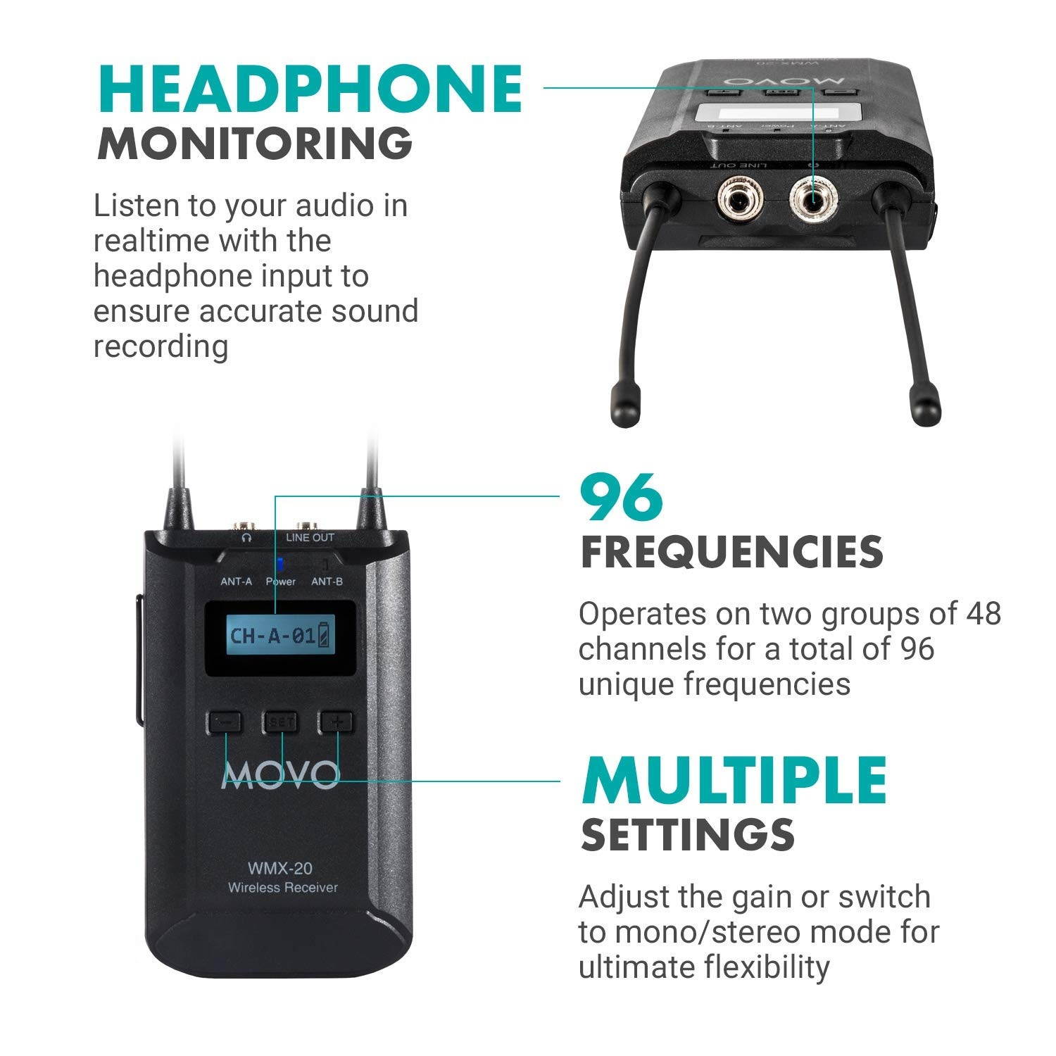 Movo WMX-20-DUO 48-Channel UHF Wireless Lavalier Microphone System with 1 Receiver, 2 Transmitters, and 2 Lapel Microphones Compatible with DSLR Cameras (330 ft Audio Range)
