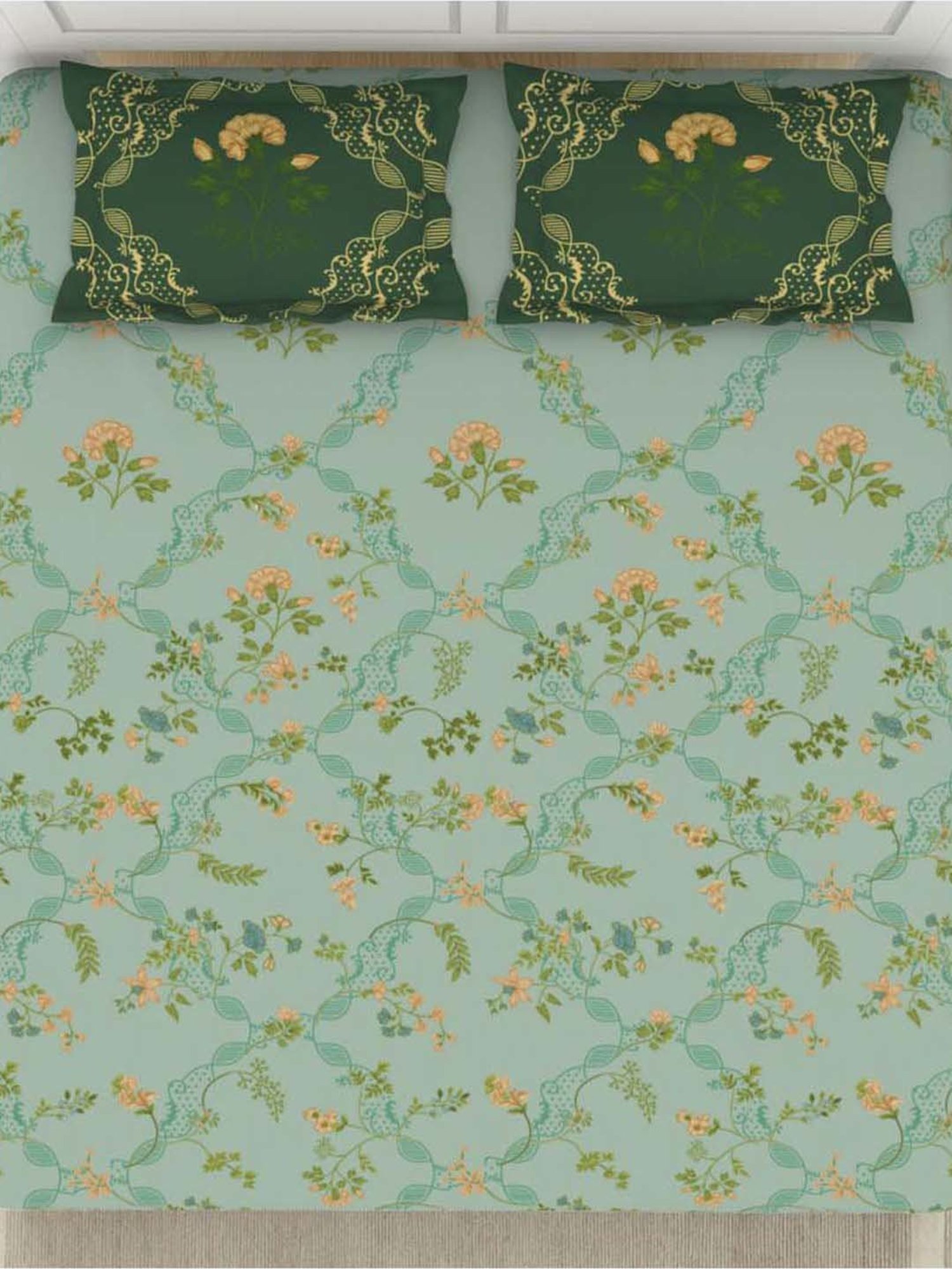 SPACES Lattice Bay Cotton 144 TC Large King Size Bedsheet With Pillow Covers