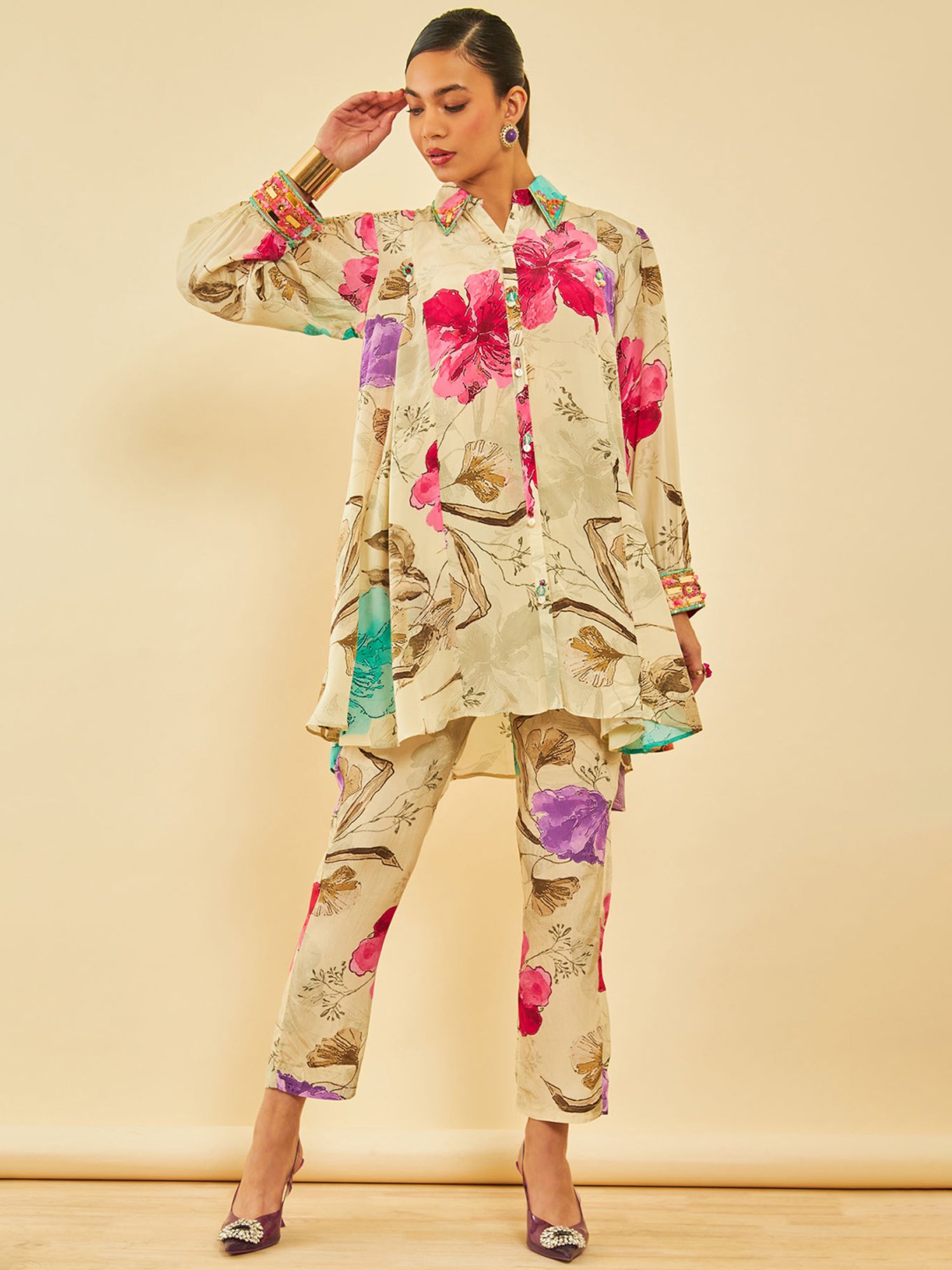Melon by PlusS Blue Printed Shirt Pant Set