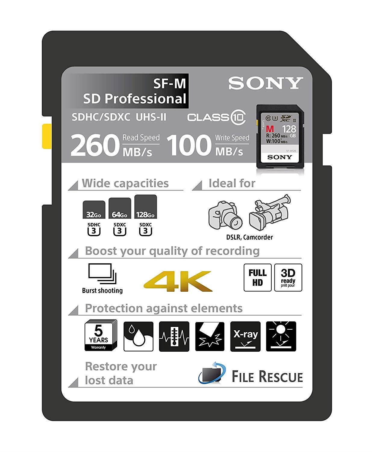 Sony Memory Card 64GB, UHS-II SD, CL10, U3, Max R260MB/s, W100MB/s (SF-M64/T)