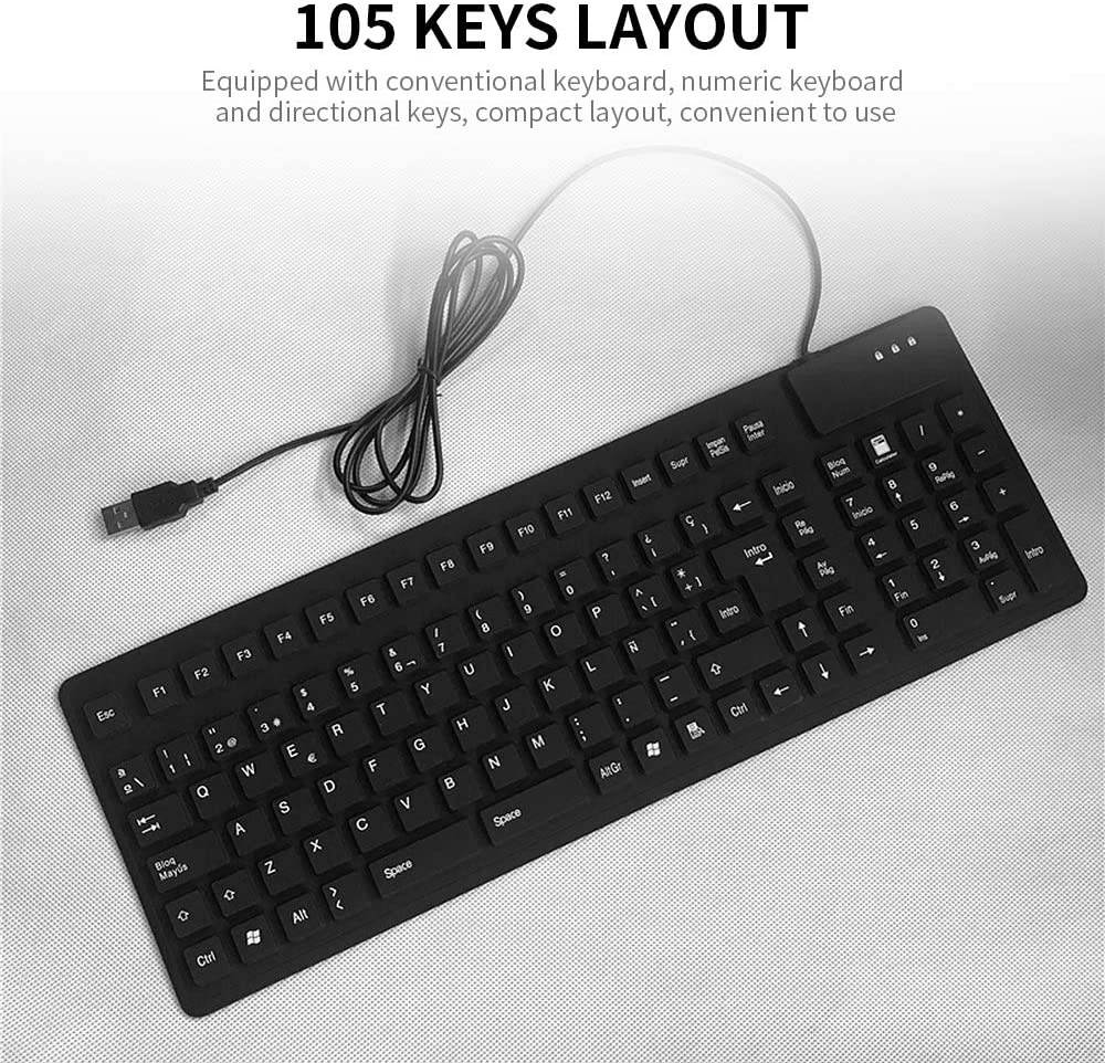 Docooler Keyboard 105 Keys Spanish USB Wired Silicone Foldable Soft Silicone Waterproof Dustproof Keyboard for Desktop Computer Laptop