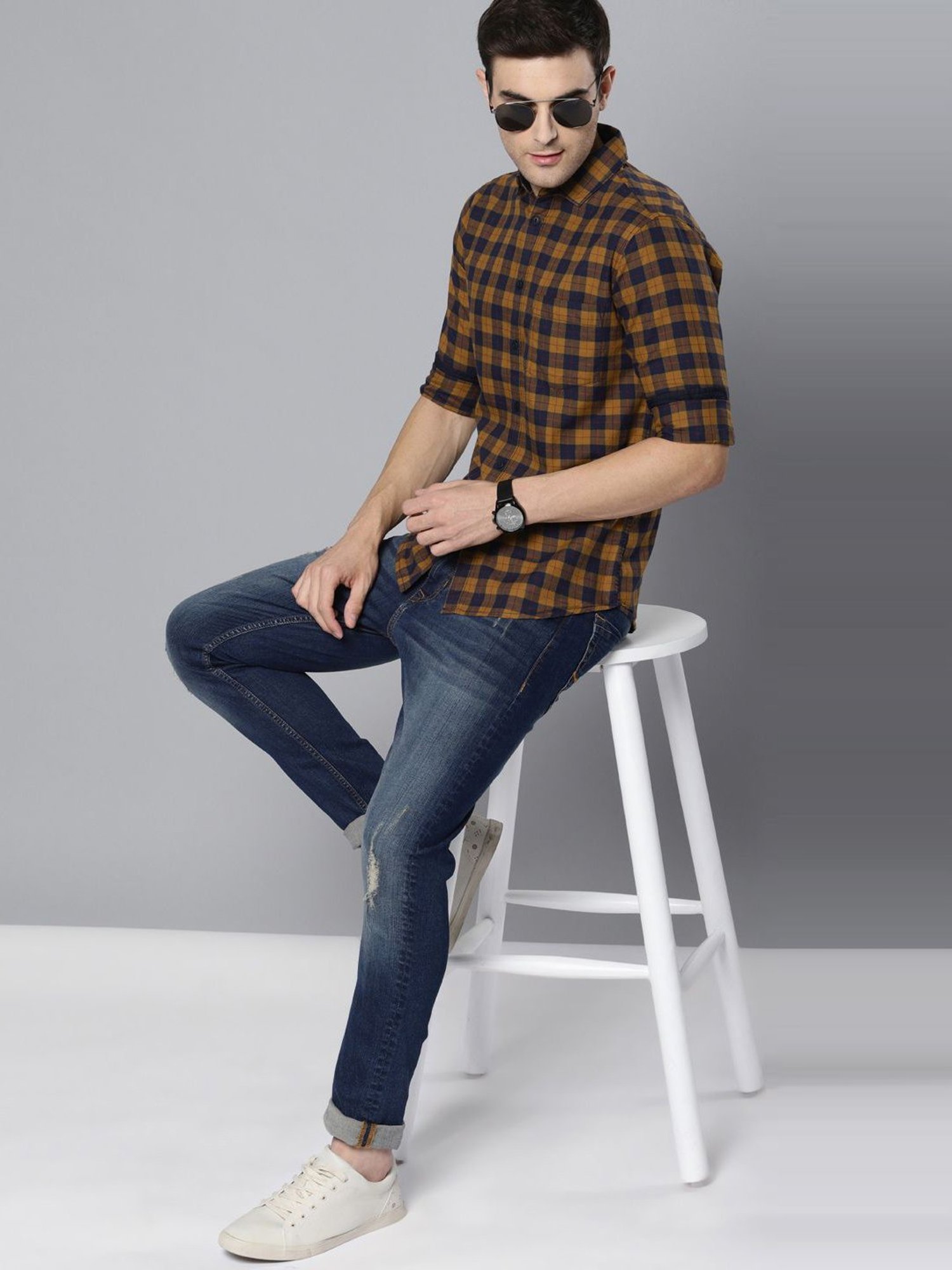 Dennis Lingo Mustard & Navy Cotton Slim Fit Checks Shirt