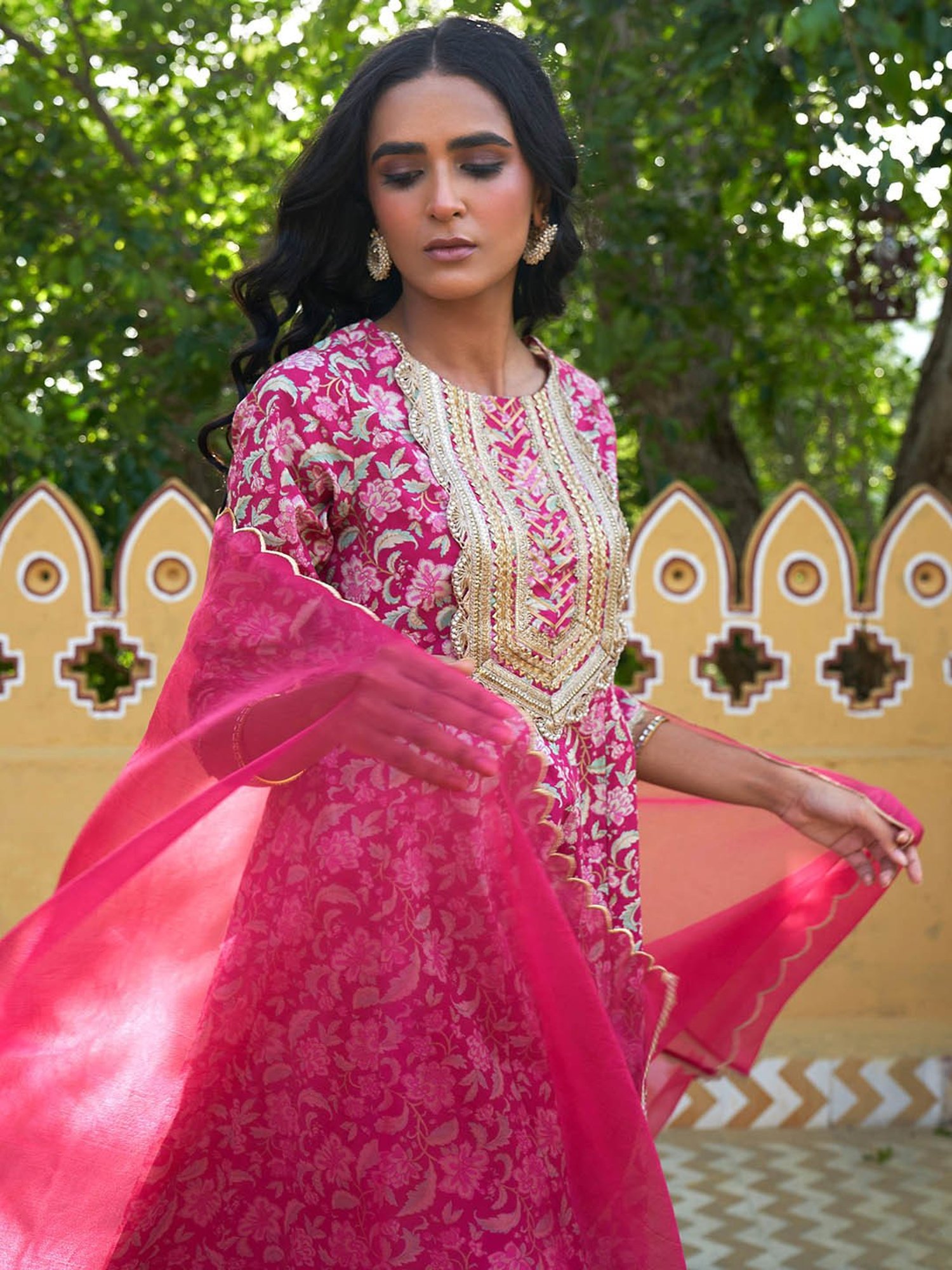 Janasya Pink Cotton Floral Print Kurta With Palazzo & Dupatta