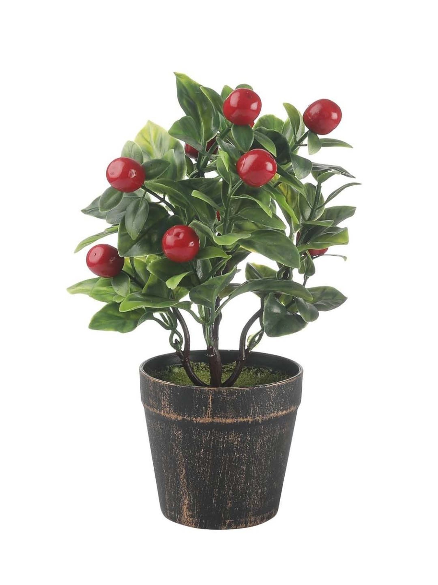 Foliyaj Green & Red Plastic Artificial Cherry Bonsai Tree With Pot