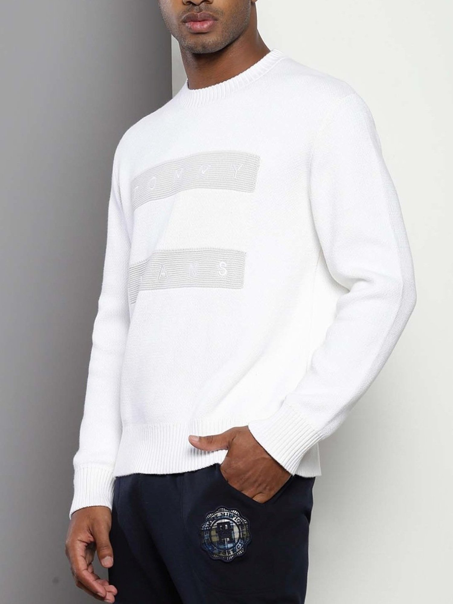 Tommy Hilfiger White Cotton Relaxed Fit Printed Sweater