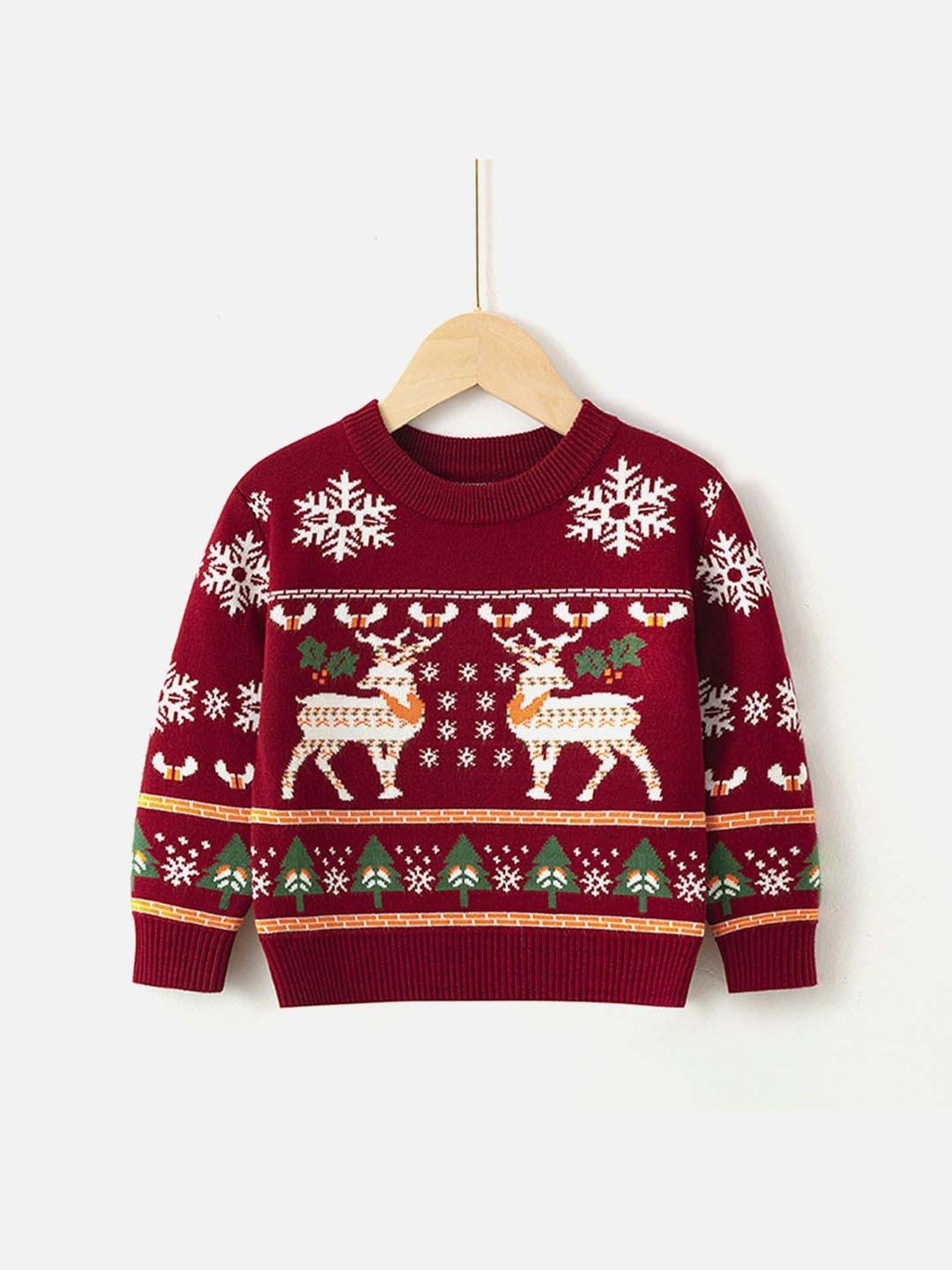 Little Surprise Box Snowflakes & Deer Maroon & White Printed Full Sleeves Sweater