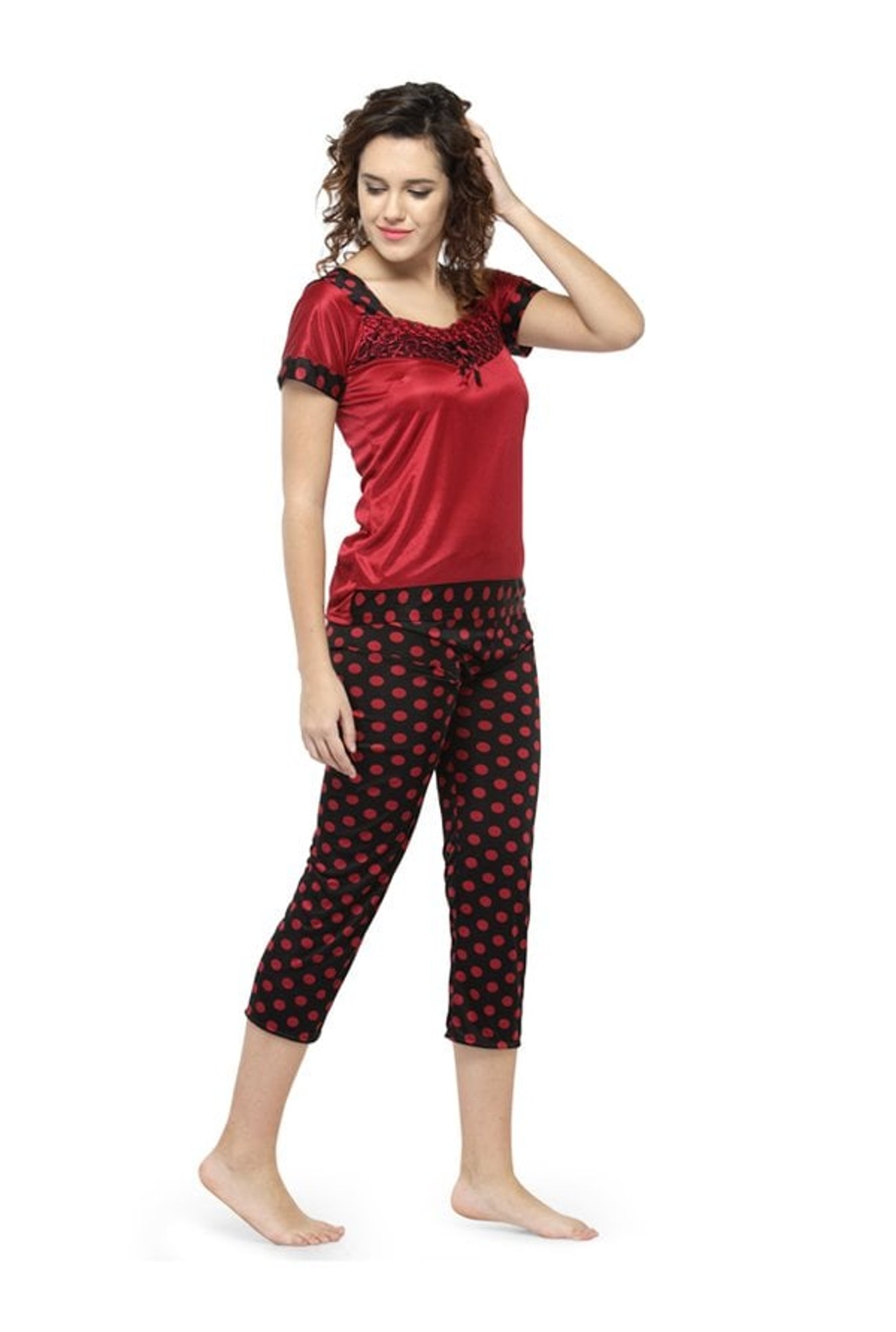 N-Gal Maroon & Black Polka Dot Top With Capris