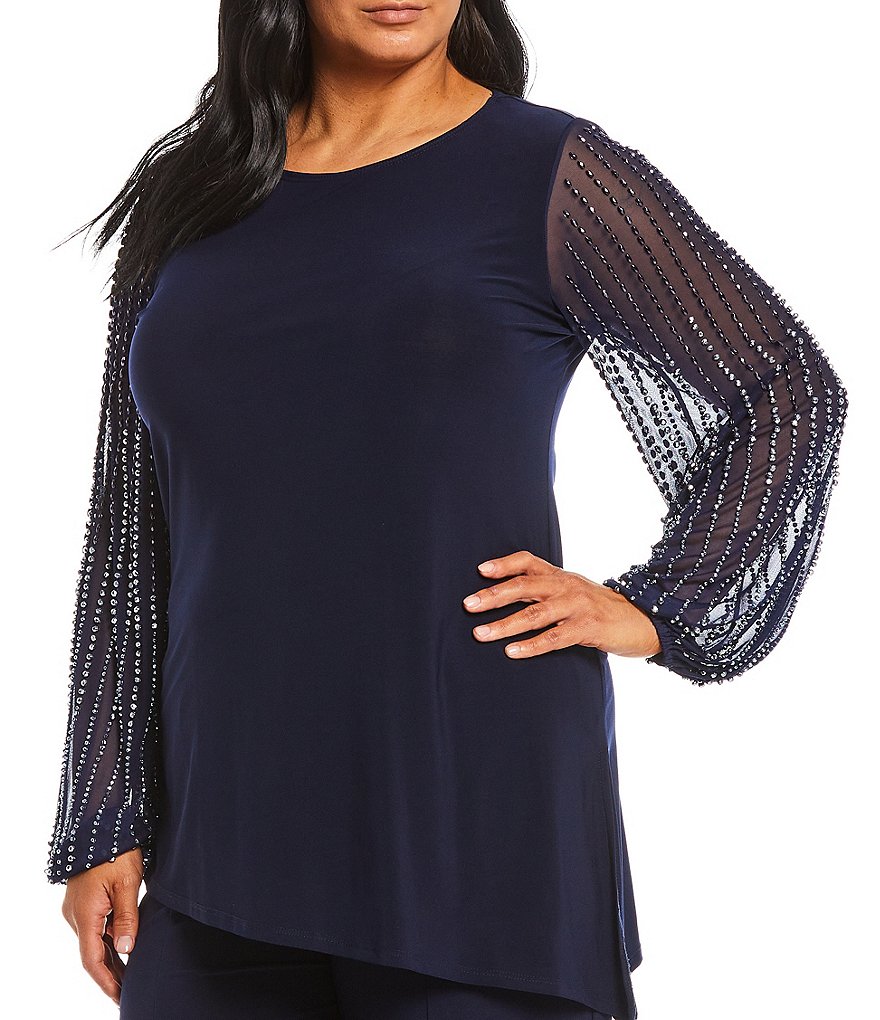 Marina Plus Size Beaded Long Sleeve Jewel Neck 2-Piece Pant Set