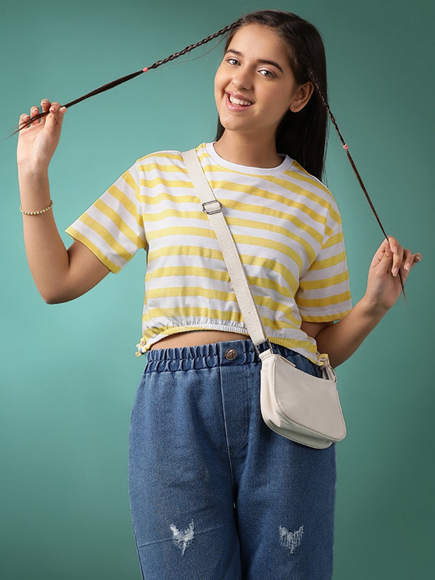 Lil Tomatoes Kids Yellow & White Striped Crop Top