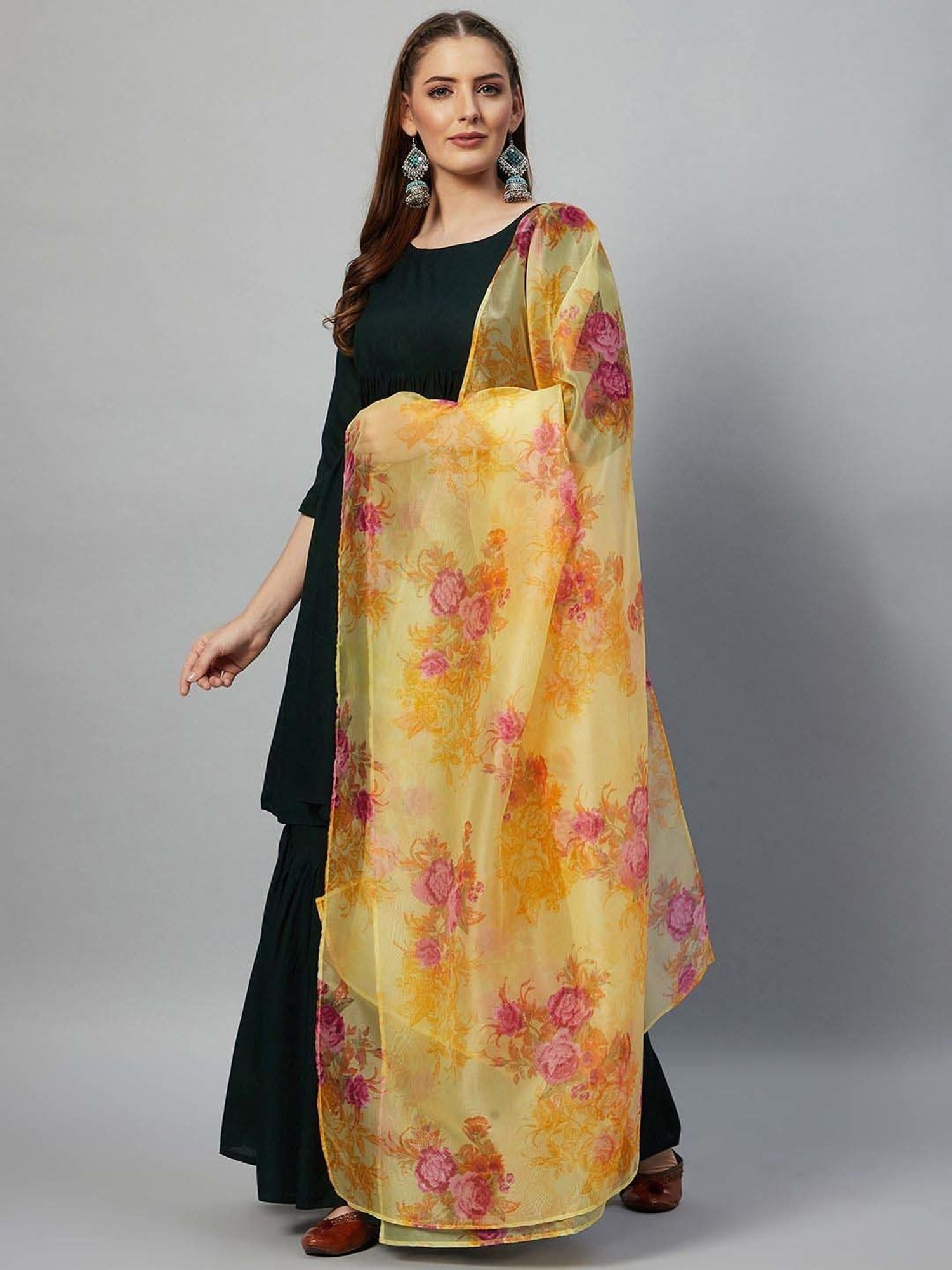 Inweave Yellow Floral Print Dupatta
