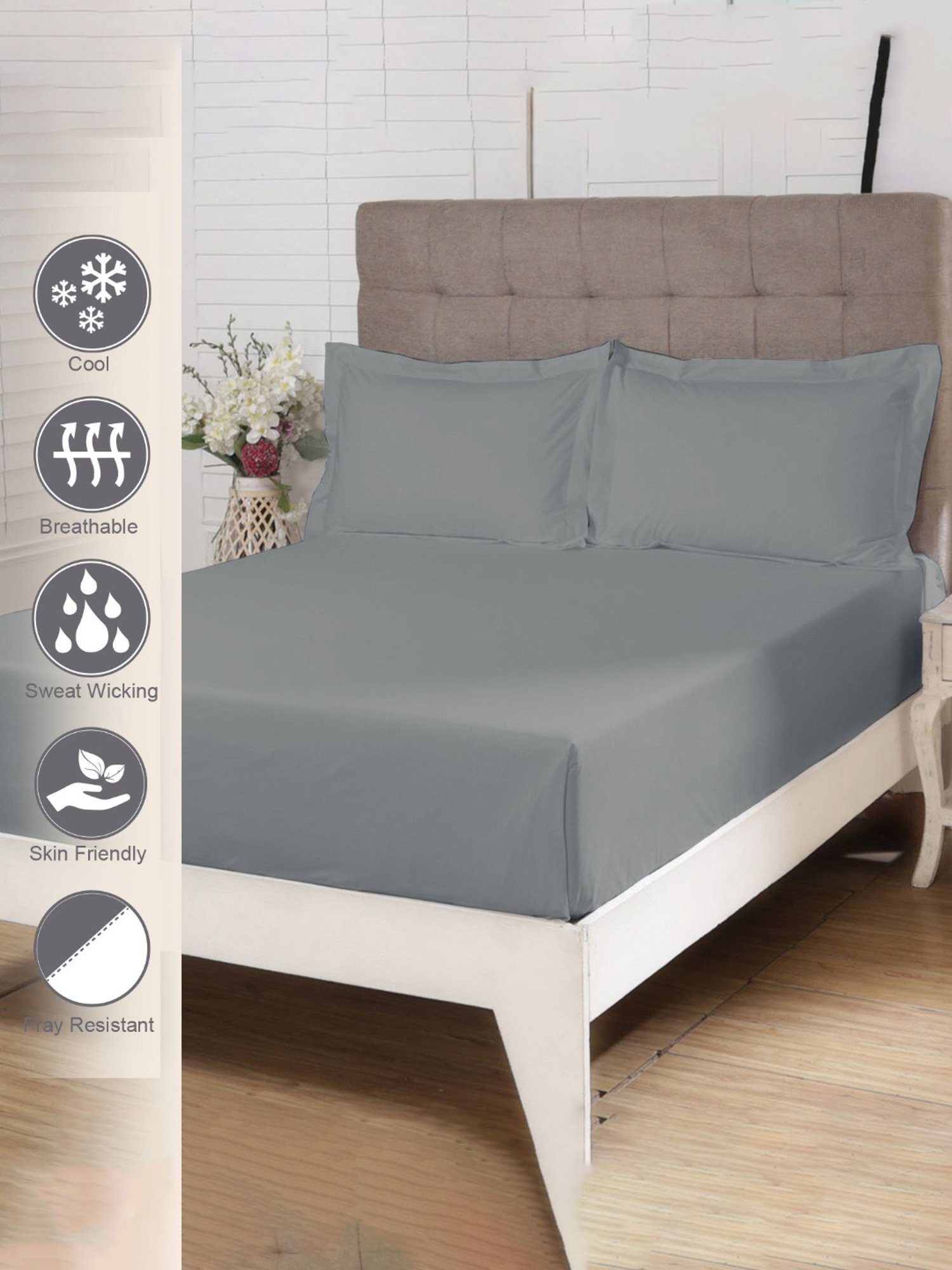 Pizuna Natural Grey 400 TC Cotton King Bed Sheet with 2 Pillow Covers