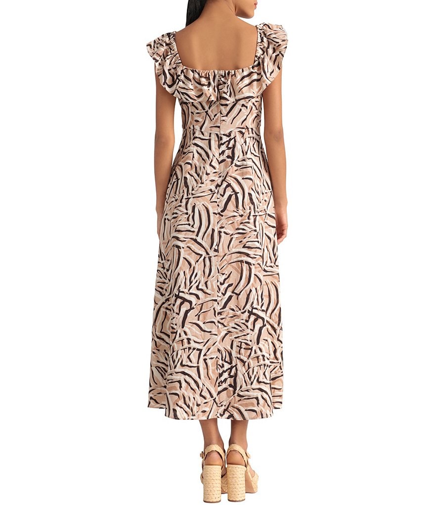 Donna Morgan Ruffle Square Neck Zebra Motif Linen Midi Dress