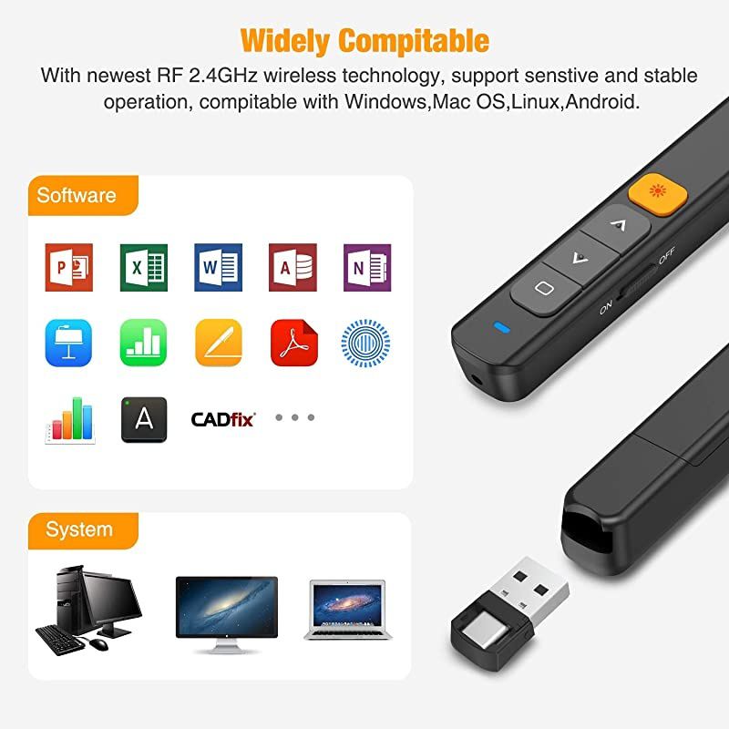 Wireless PowerPoint Presentation Clicker Remote 2 in 1 Type C and USB A RF 24GHz PPT Presentation Presenter Laptop Clicker Pointer Slide Advancer with Hyperlink Volume Control