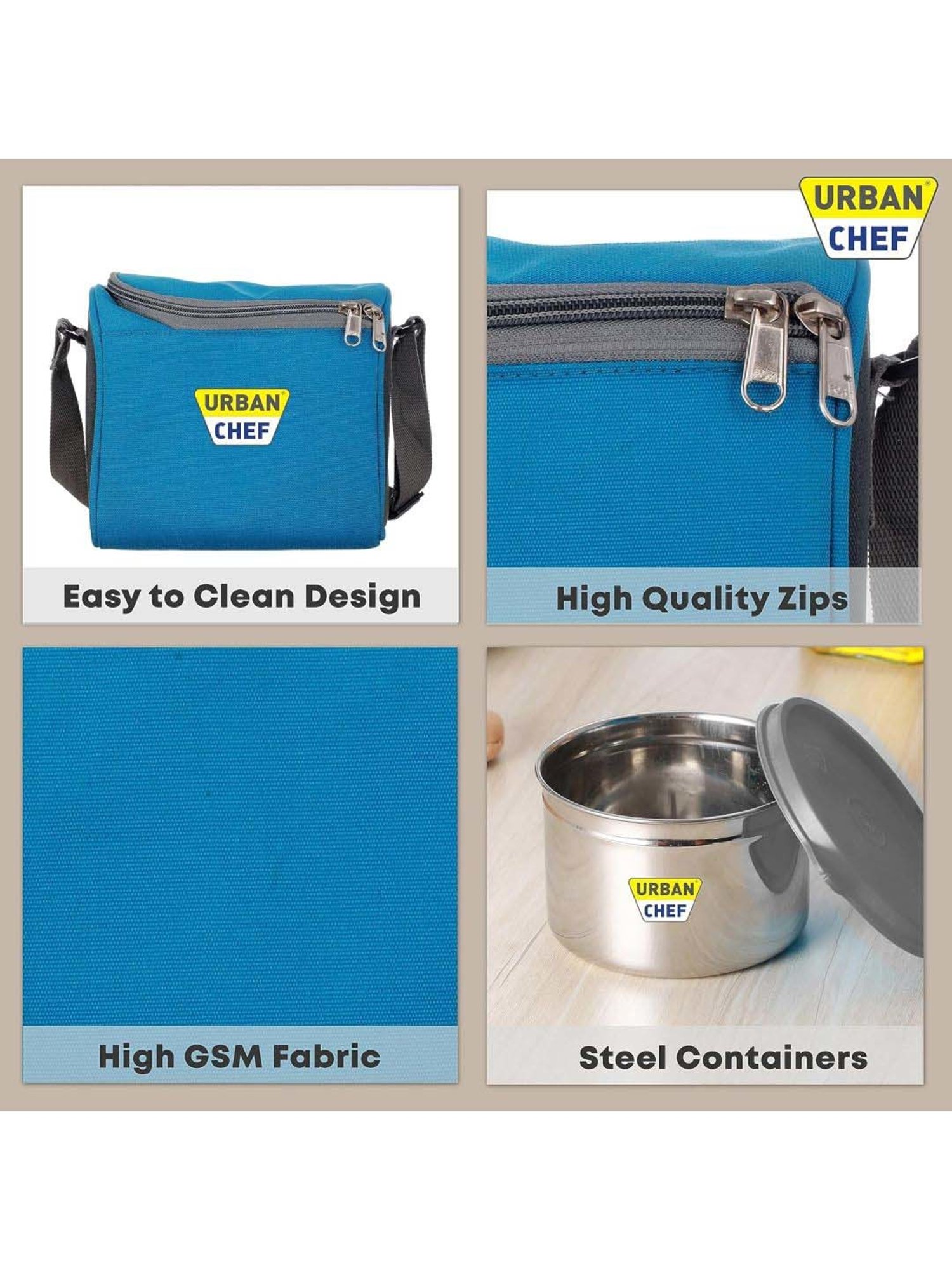 Urban Chef Grey Stainless Steel Complete Full Meal & Easy To Carry Lunch Box - Set of 3