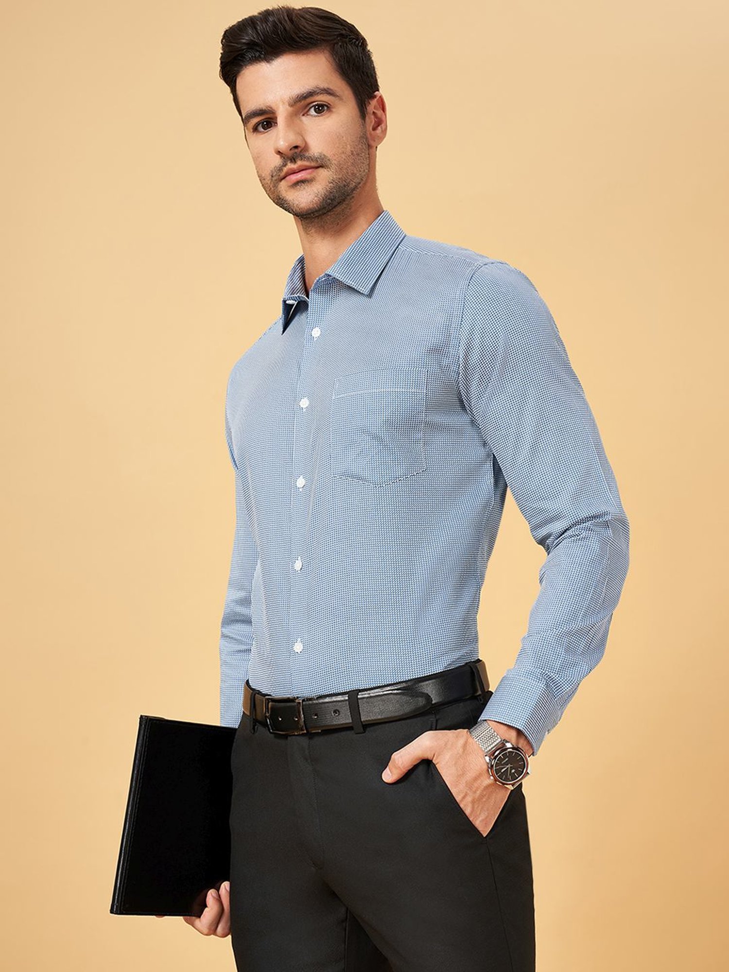 Peregrine by Pantaloons Dark Blue Cotton Slim Fit Printed Shirt