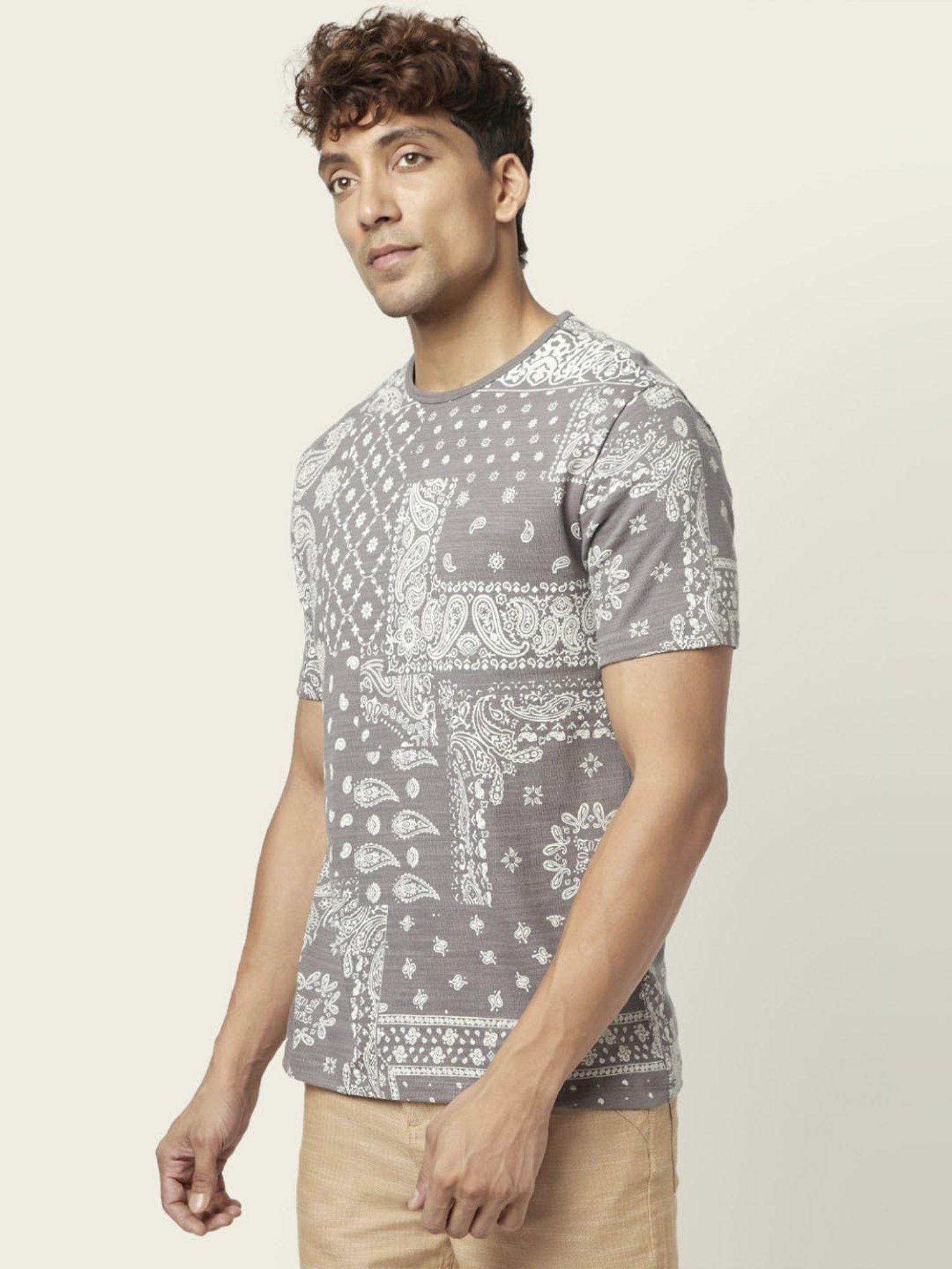 7 Alt by Pantaloons Medium Grey Cotton Relaxed Fit Printed T-Shirt