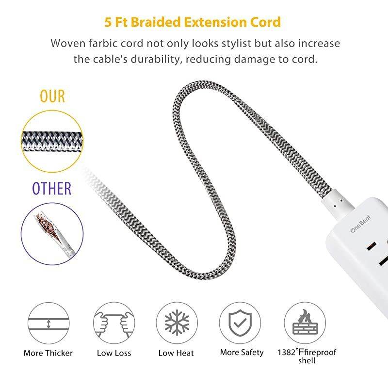 Strip with USB - 2 Outlets 3 USB Charging Ports(3.1A, 15W), Desktop Charging Station with 5 ft Braided Extension Cord, Flat Plug Travel Strip for Cruise, Home Office, ETL Listed