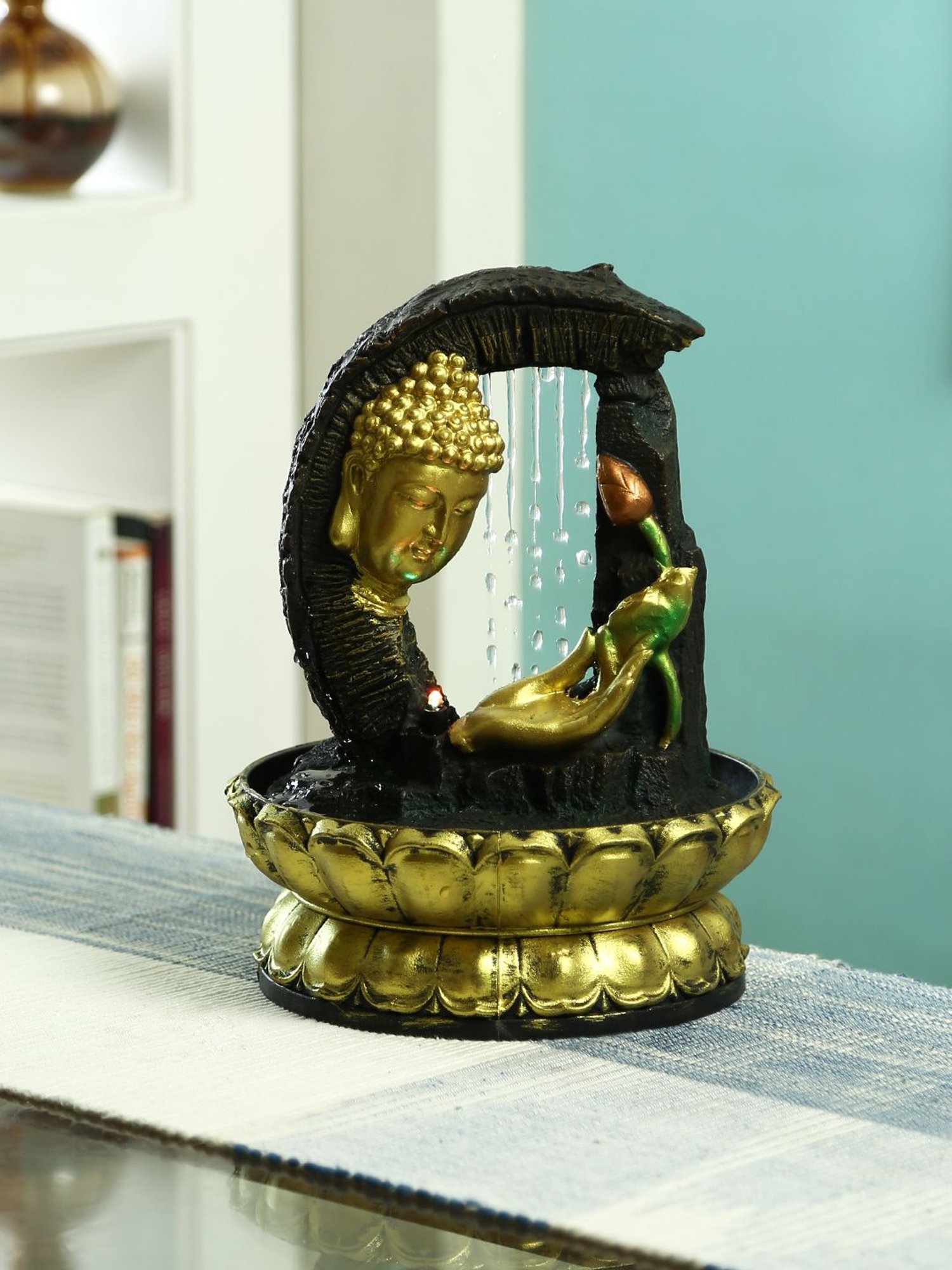 Tayhaa Gold & Brown Hand Sculpted Buddha Indoor Water Fountain with Light