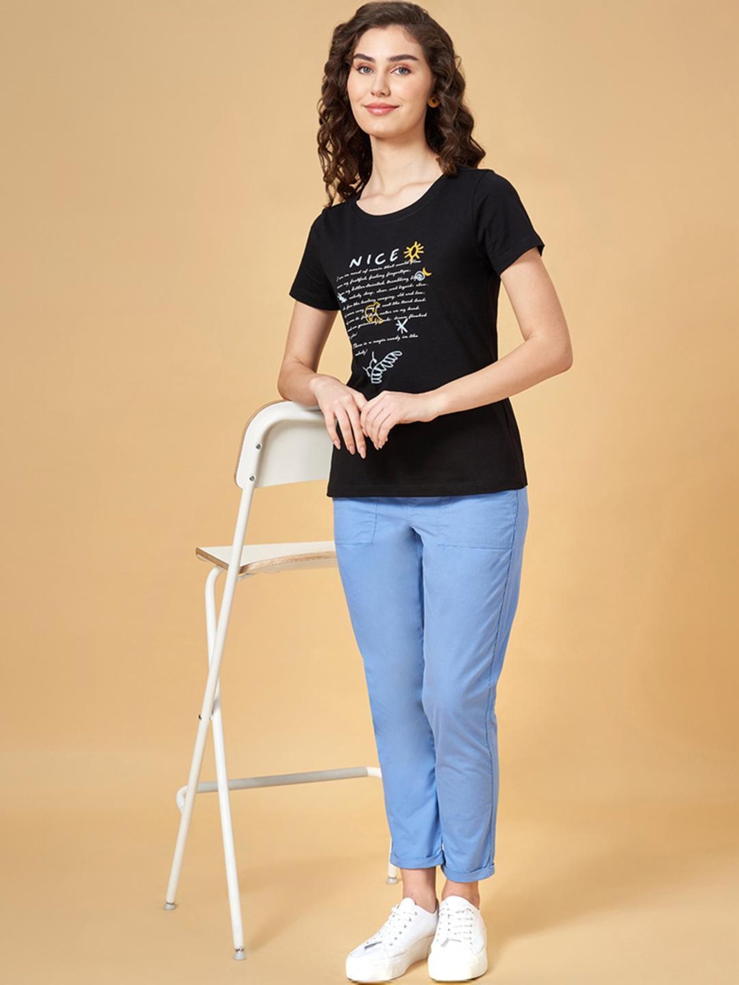 Honey by Pantaloons Black Cotton Printed T-Shirt