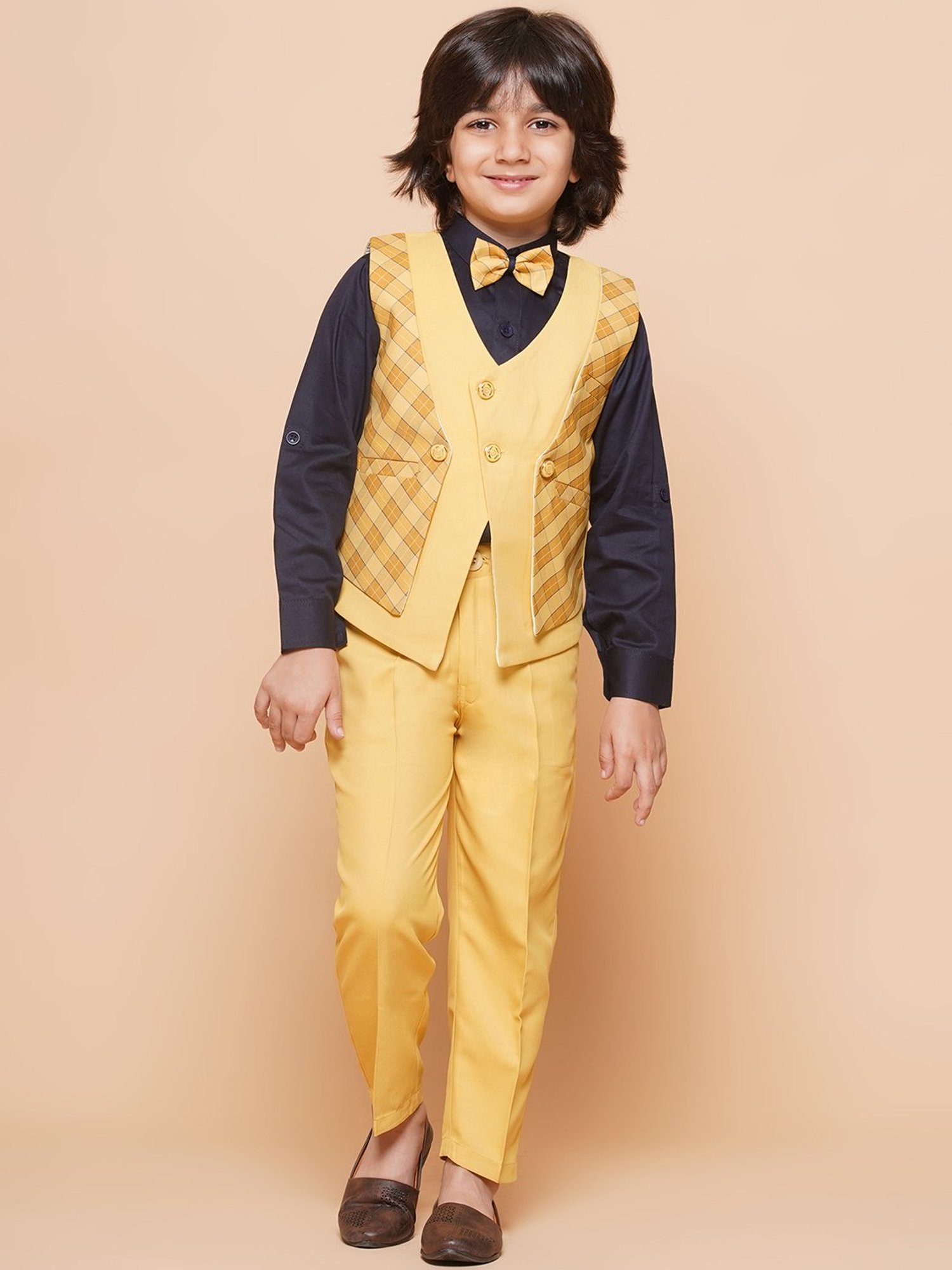 AJ Dezines Kids Yellow & Black Checks Full Sleeves Shirt, Pants, Waistcoat with Bow Tie