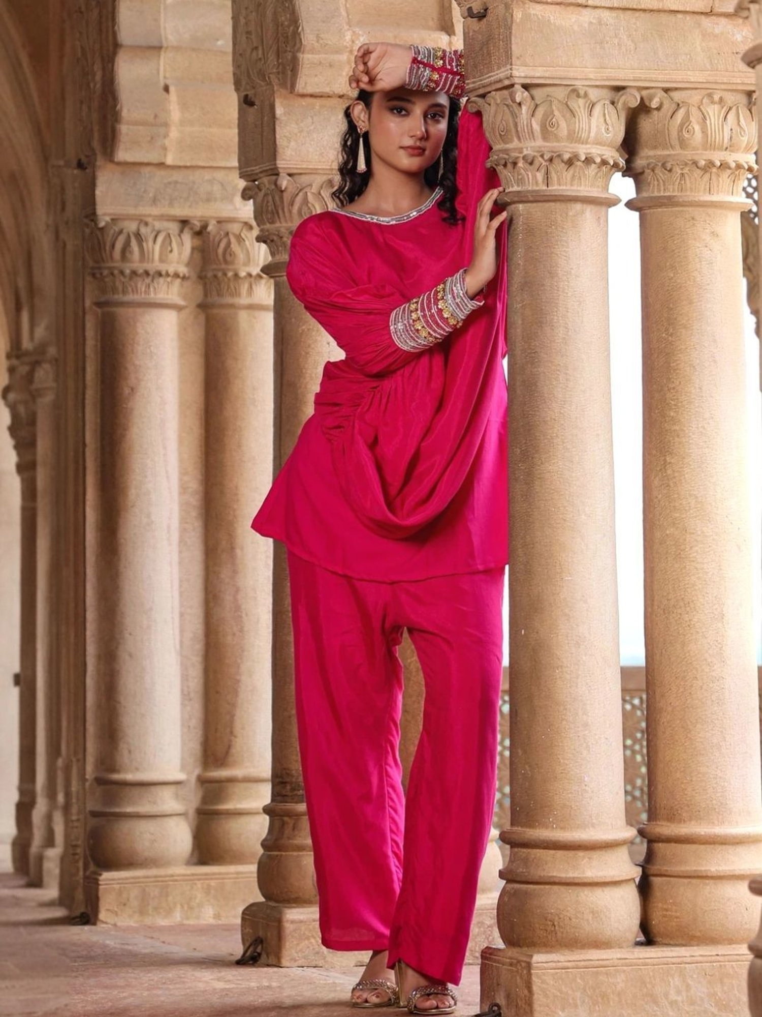 Scakhi Pink Muslin Silk Poncho Co-Ord Set With Trouser And Camisole