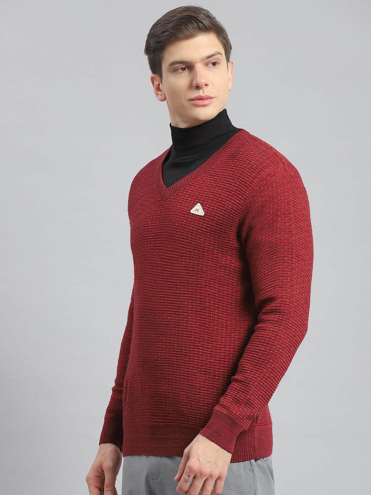 Monte Carlo Mix Maroon Regular Fit Self Pattern Sweater