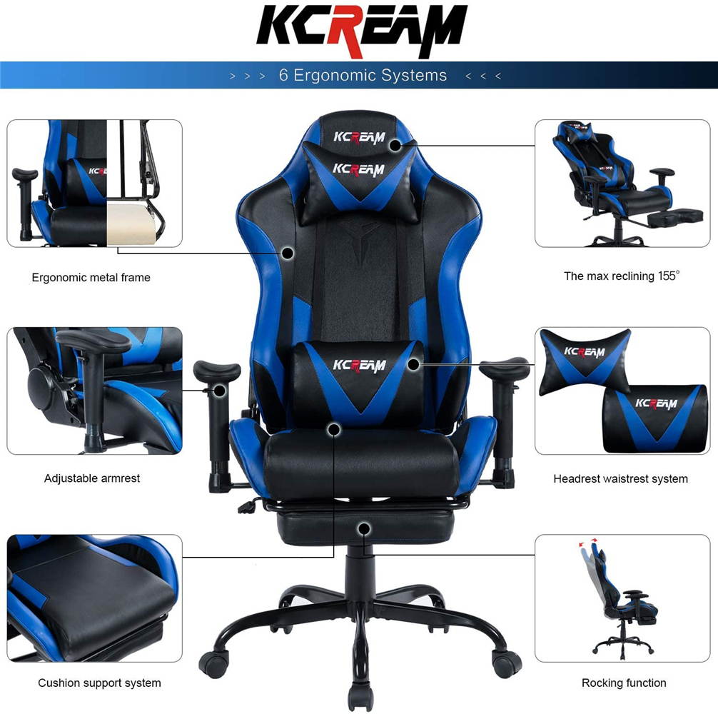 KCREAM PU Leather Swivel Chair Gaming Chair with Footrest Ergonomic Office Chair Headrest Lumbar Support Comfortable Large Size High Back Adjustable Reclining Computer Desk Chair