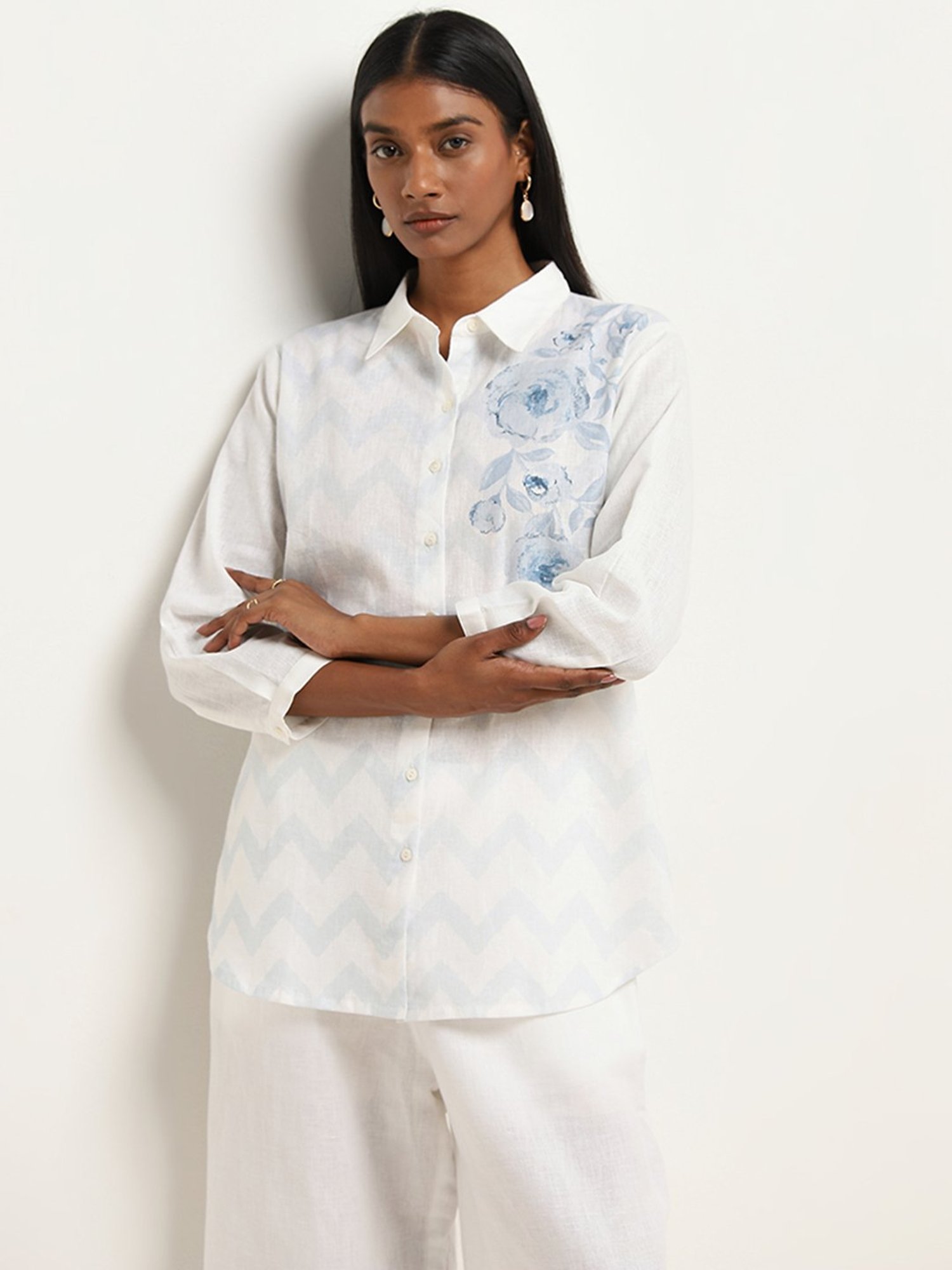 Zuba by Westside Blue Floral Printed Straight Cotton Tunic