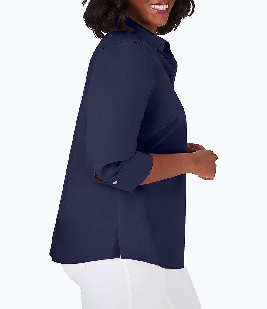 Foxcroft Plus Size Mary Point Collar 3/4 Sleeve Solid Stretch Shirt