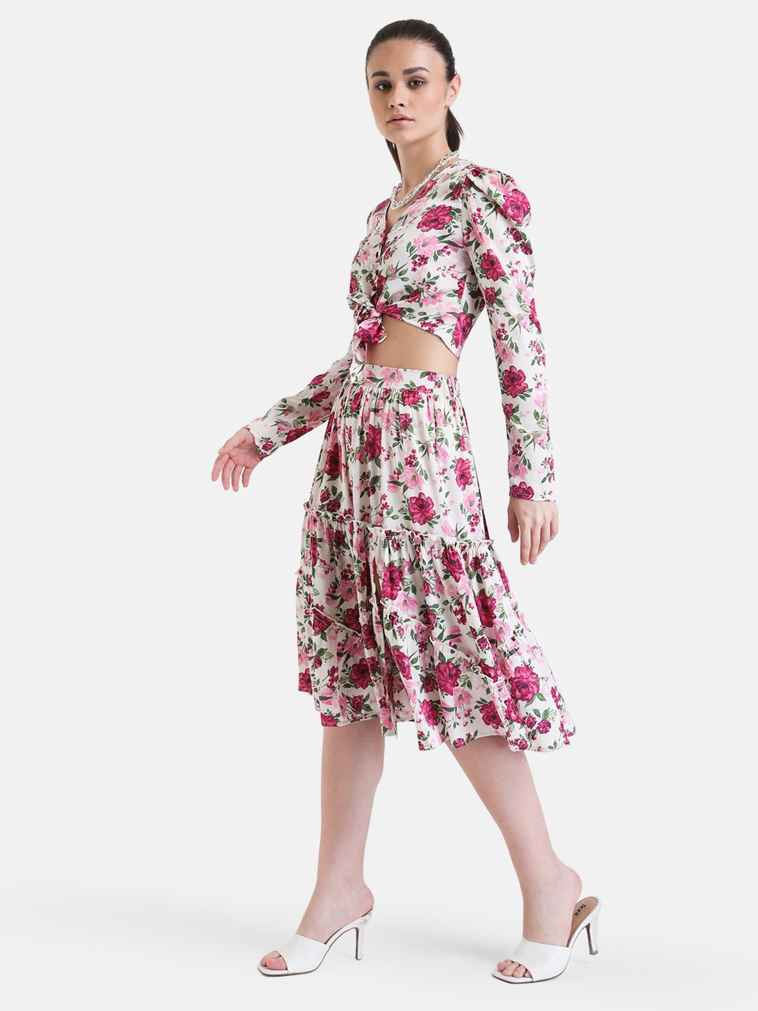 Kazo White & Pink Floral Print Midi Skirt