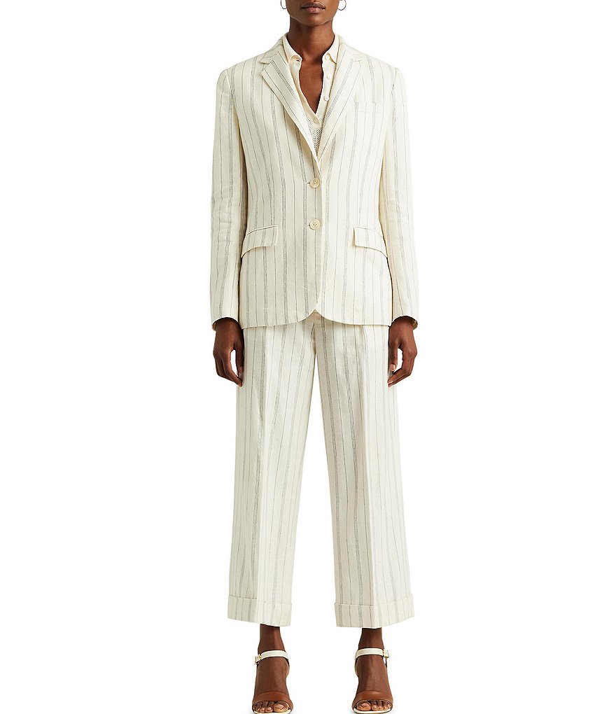 Lauren Ralph Lauren Striped Stretch Twill Notch Lapel Collar Two-Button Front Blazer
