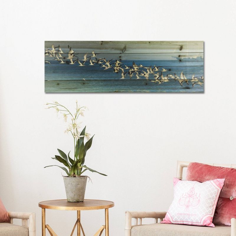12" x 36" Birds in Flight Print on Planked Wood Wall Sign Panel Blue - Gallery 57