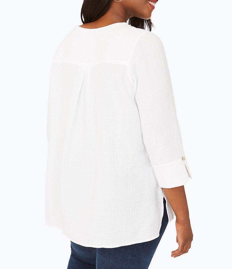 Foxcroft Plus Size Vena Gauze 3/4 Sleeve Split Round Neck Top