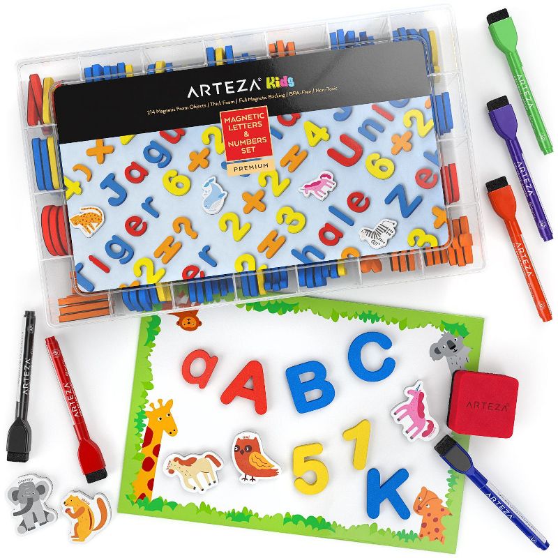 Arteza Kids Magnetic Letters & Numbers Set with White Board, 6 Markers & an Eraser - 214 Pack (ARTZ-2403)