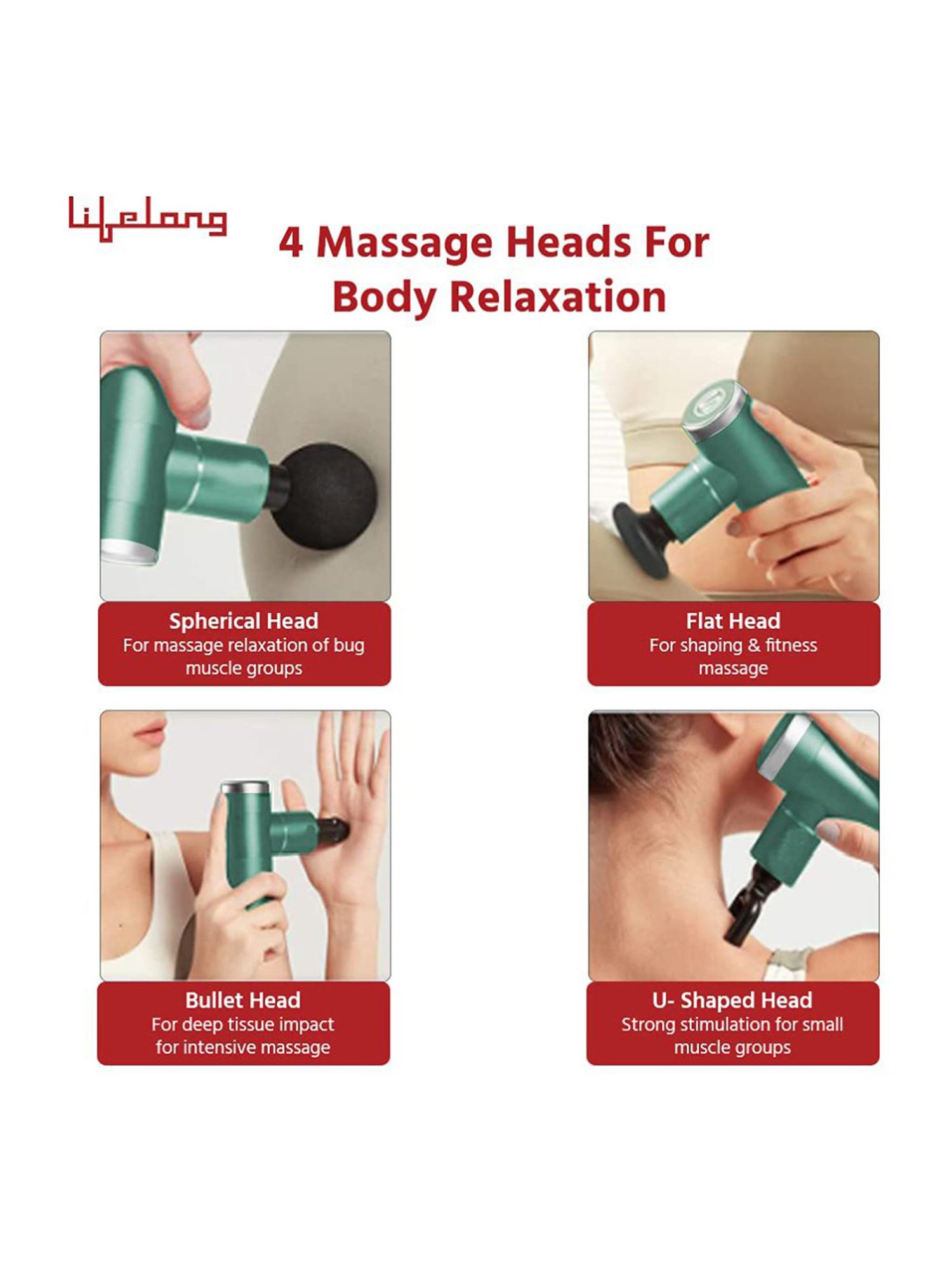 Lifelong LLGM36 Mini Gun Massager with 4 Heads (Green)