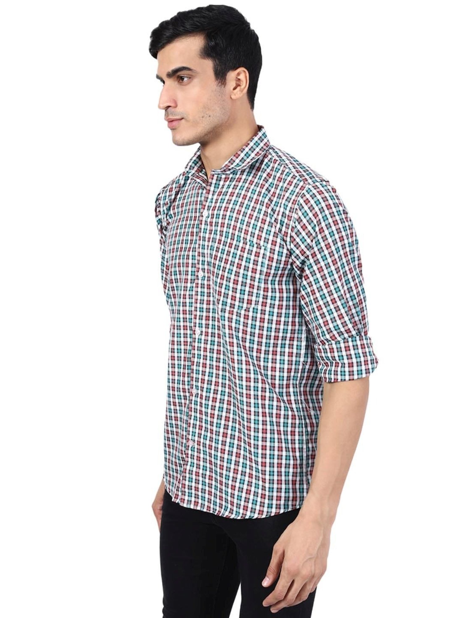 TAHVO Green & Red  Slim Fit Checks Shirt