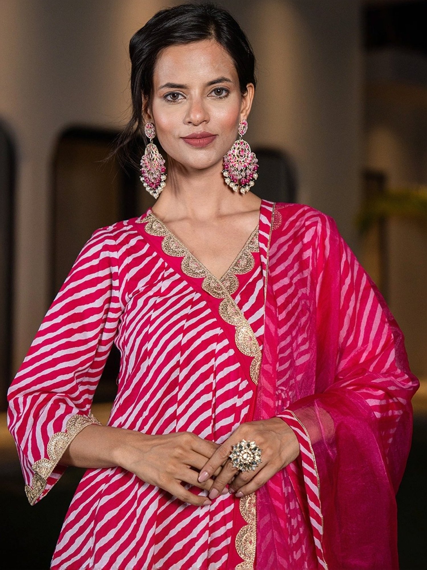 Yufta Hot Pink Cotton Printed Kurta Pant Set With Dupatta