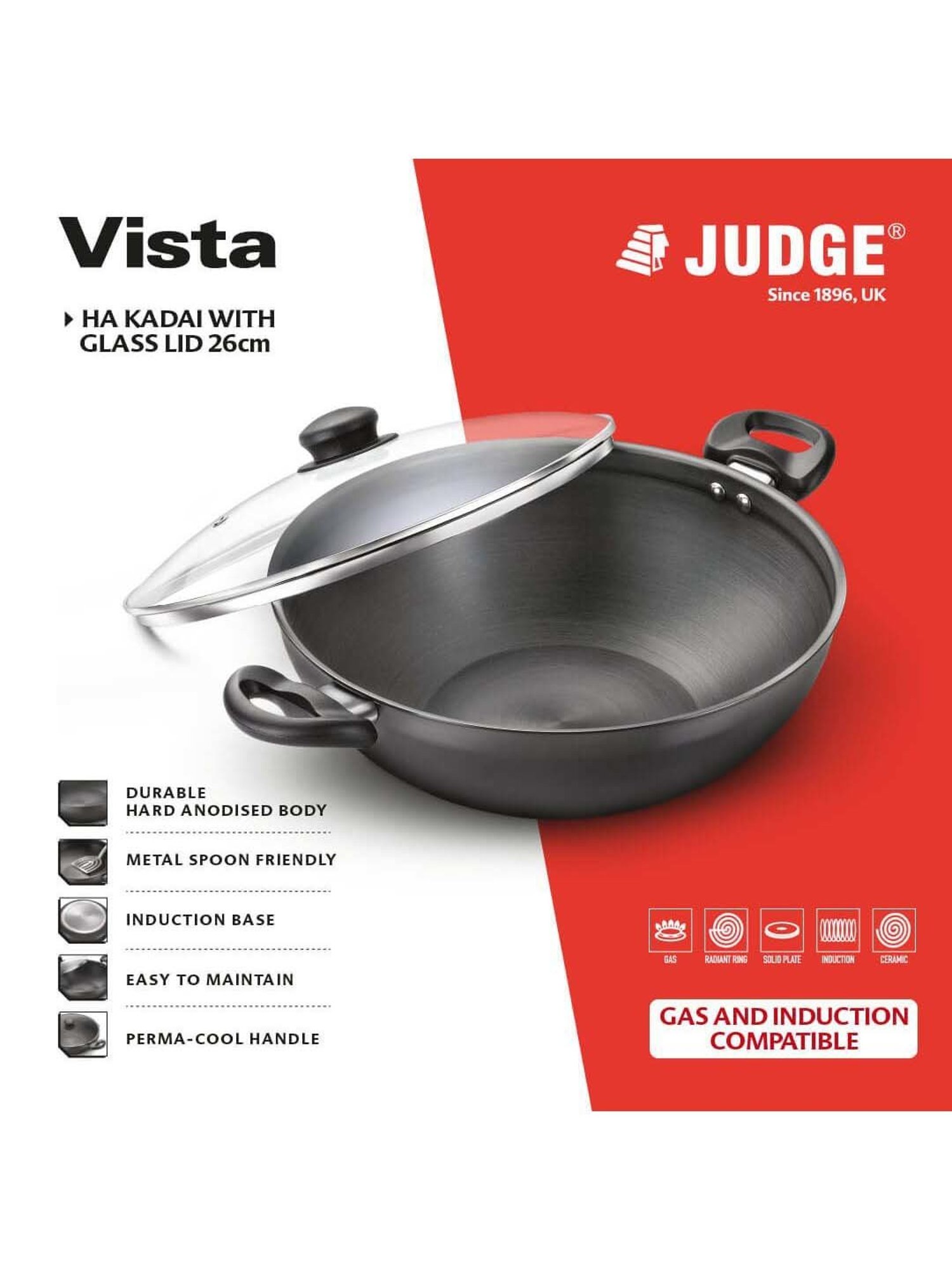 JUDGE Black & Transparent Hard Anodised 26 cm Induction Compatible Kadai With Glass Lid (3.1 L)