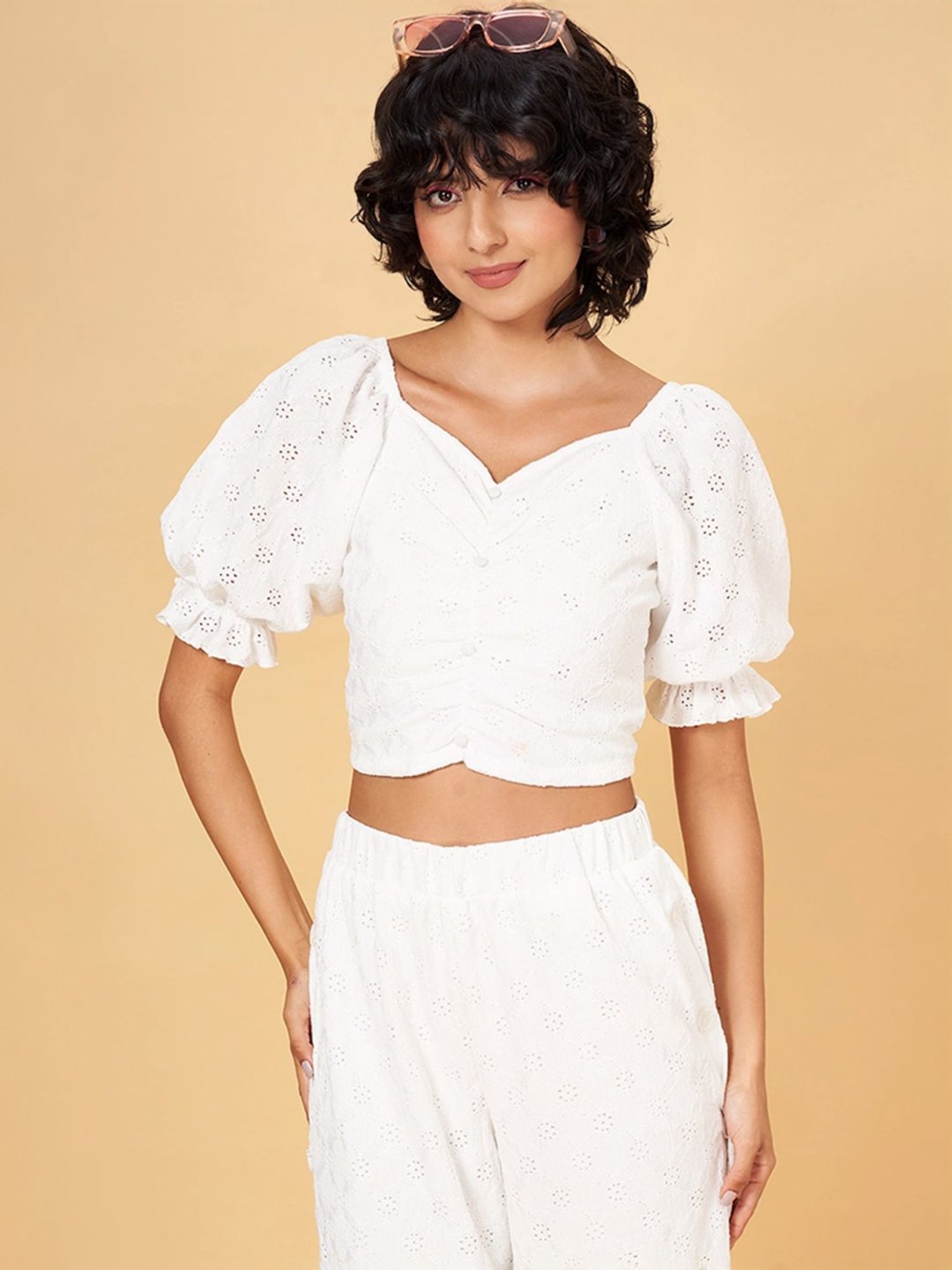 People by Pantaloons White Self Pattern Crop Top