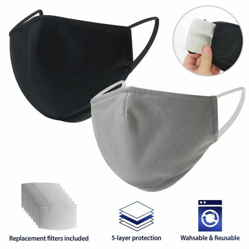 2 PCS Cotton Face Mask Reusable Washable + 8 PCS PM2.5 Filters Unisex Black Gray