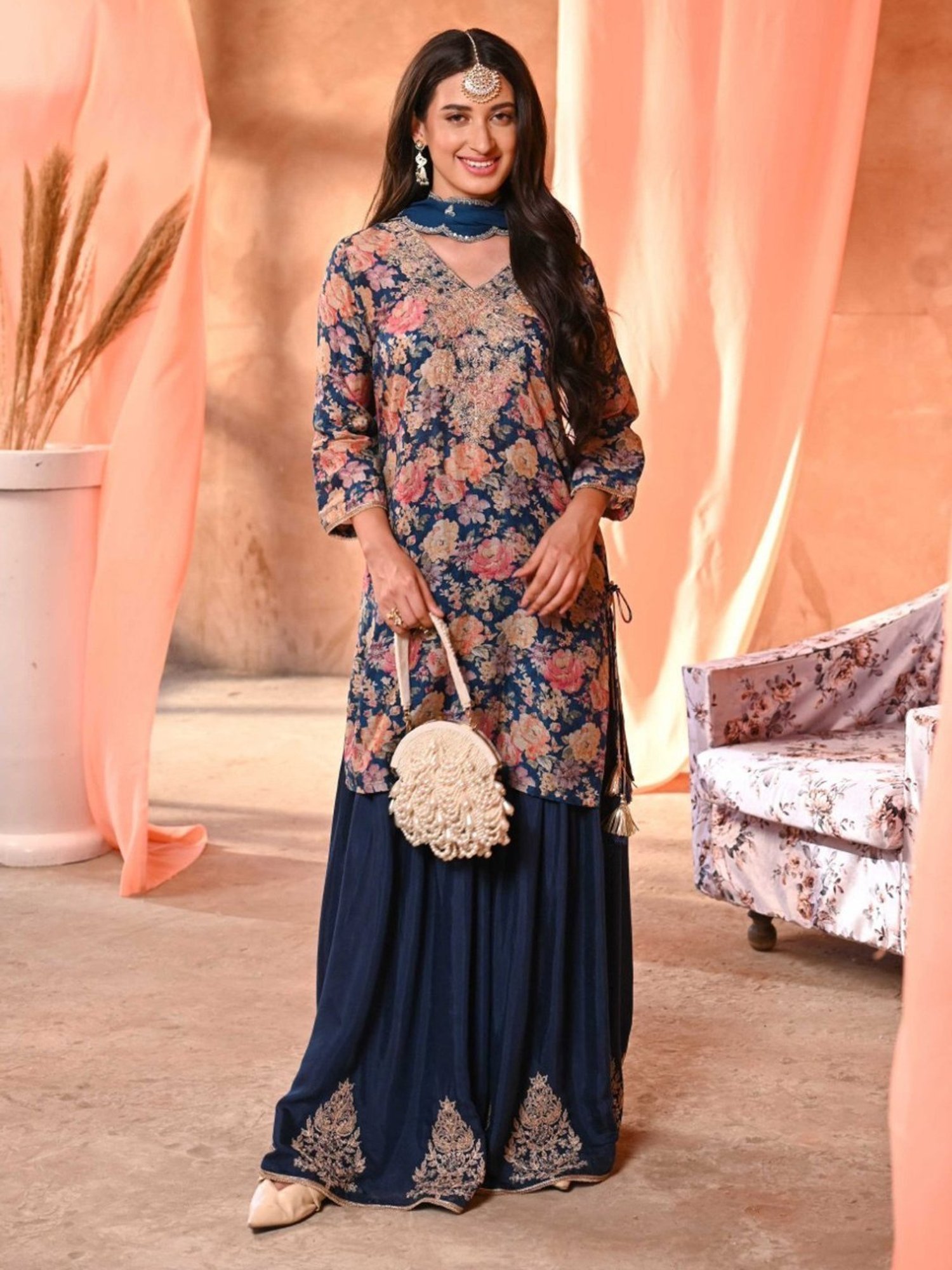 Mahee Jaipur Blue Dilkash Floral Kurta with Sharara and Marodi Work and Scallope Dupatta