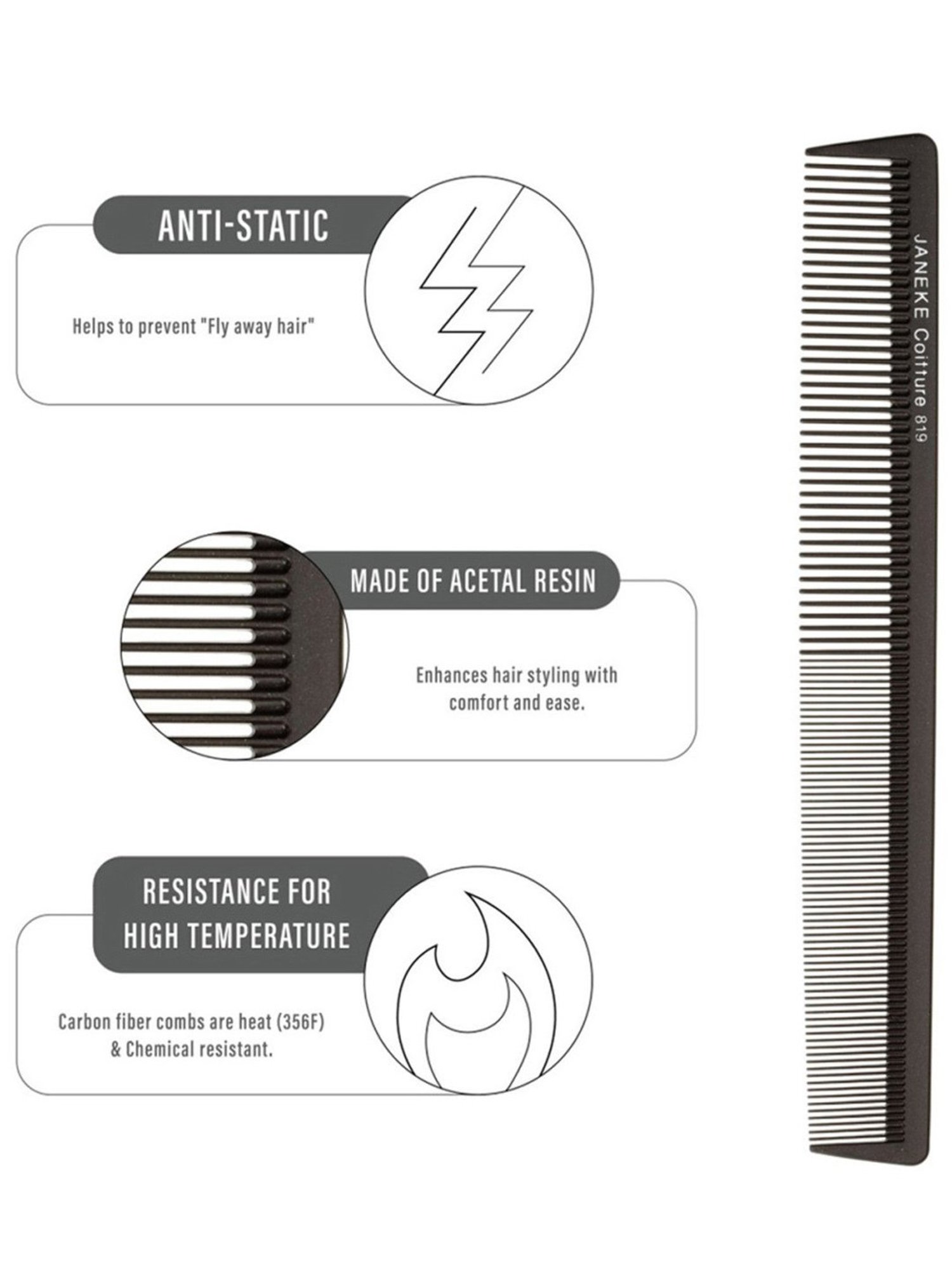 Janeke 1830 Professional Titanium Big Thin Comb - 21 cm