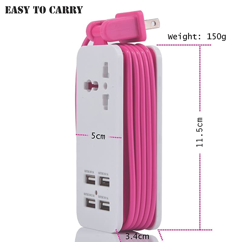 Power Strip, Portable Travel Charger Outlets 2.1AMP+1AMP 21W 1.5M/5ft Power Supply Cord with Universal Plug Wide Range Input 100v-240v Power Sockets Charger Station 4 Port Charger (Pink)