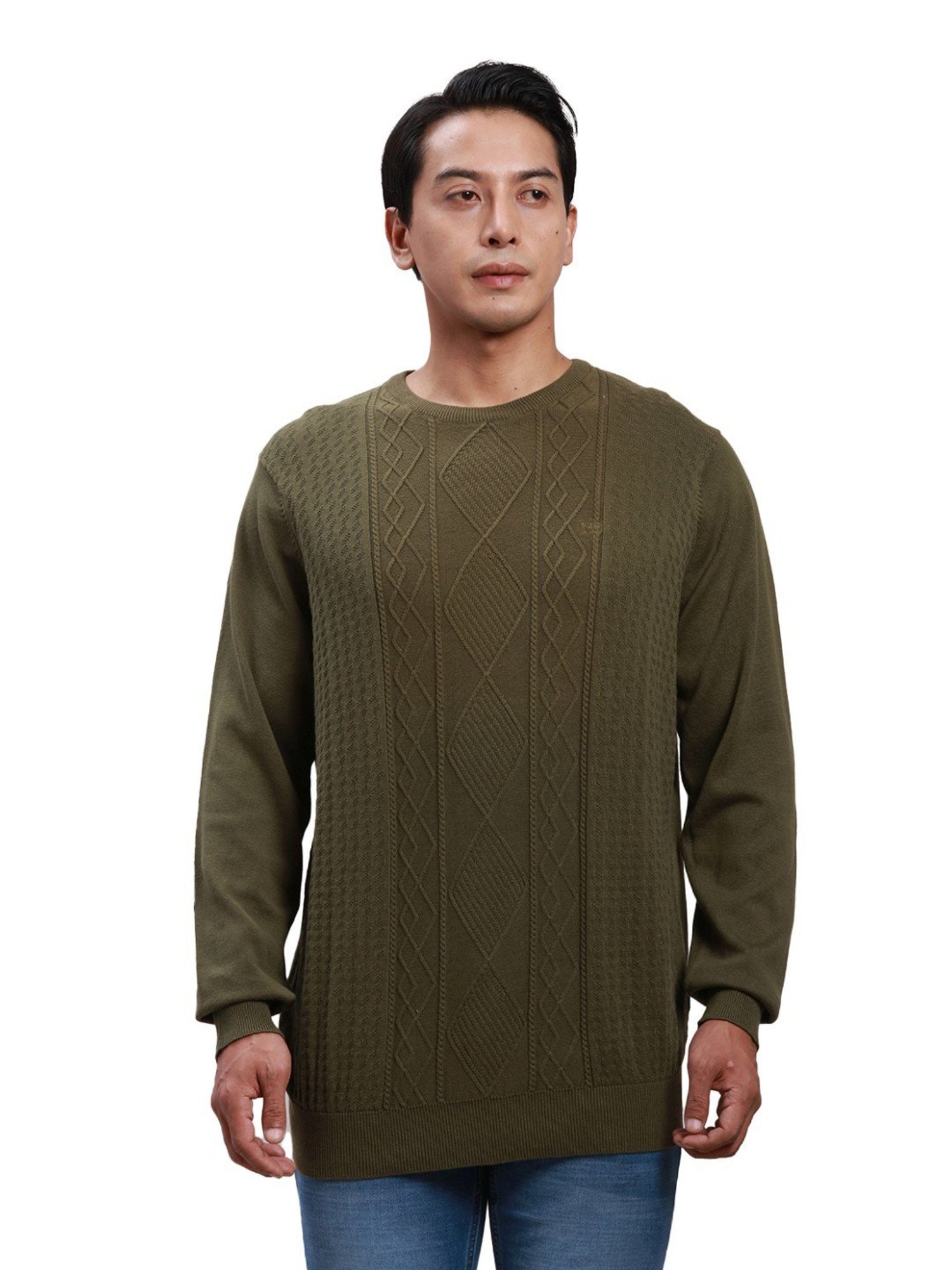 ColorPlus Green Pure Cotton Tailored Fit Self Pattern Sweater