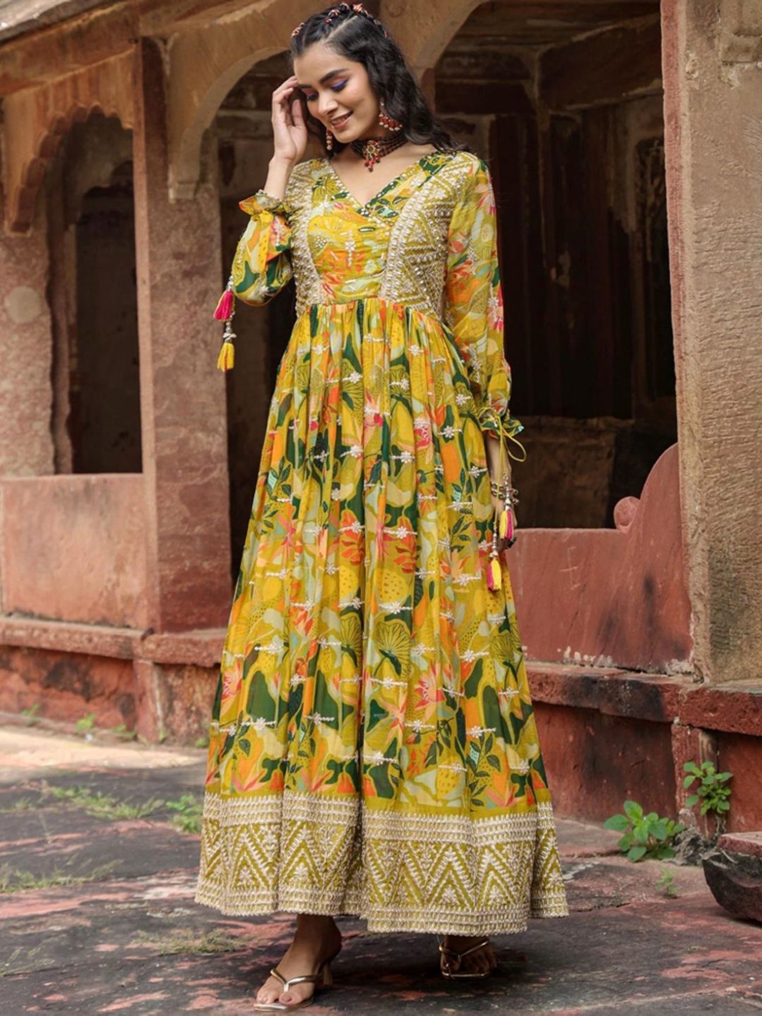 SCAKHI Lime Green Organza Floral Print & Gota Work Gathered Angrakha Gown