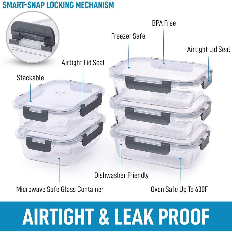 Snap Lock Glass Food Container with Lids (5-Pack)