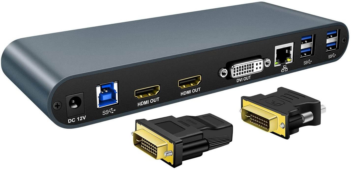 USB 3.0 Universal Laptop Docking Station with Dual Monitor 12 in 1 HUB with 2 HDMI/6 USB 3.0/DVI/Gigabit Ethernet/Audio&MIC Portable Laptop Docking Station Compatible with Windows and MAC OS